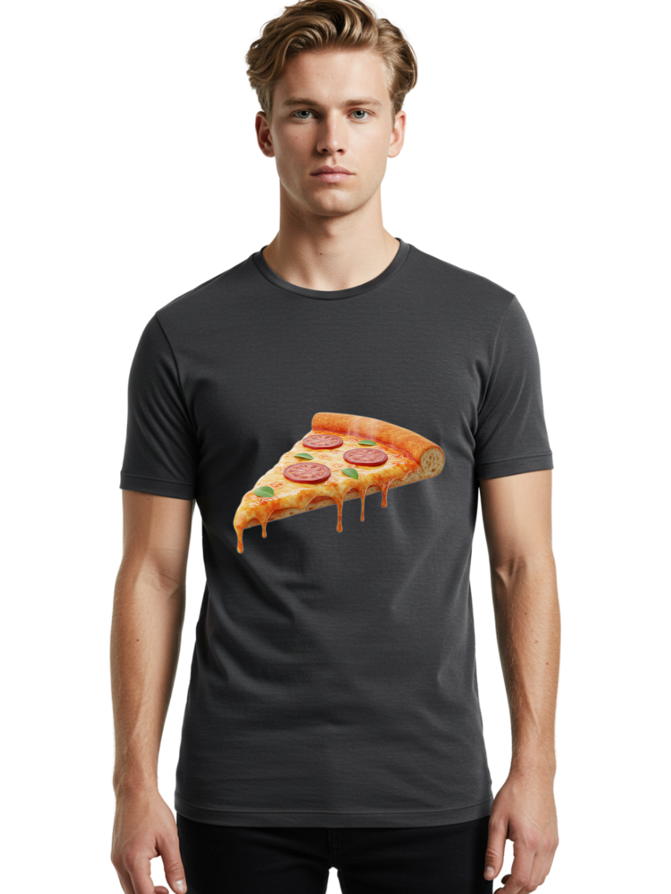 Pepperoni-Pizza-Slice-16 Men'S Graphic Tee, 100% Cotton, Comfortable Casual Summer Wear, Machine Washable, Pepperoni Pizza, Pizza Slice, Melting Cheese, Pepperoni Toppings, Basil Leaves, Italian Food, Savory Delight, Tasty Treat, Bac226