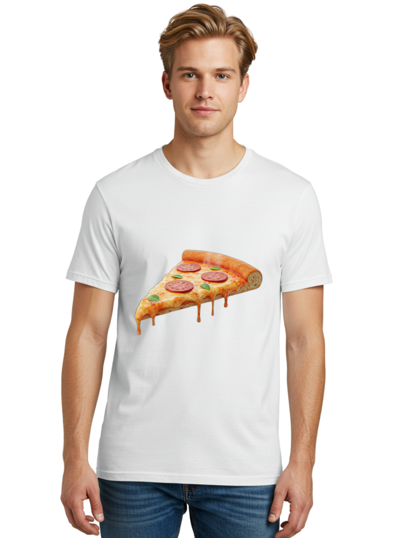 Pepperoni-Pizza-Slice-16 Men'S Graphic Tee, 100% Cotton, Comfortable Casual Summer Wear, Machine Washable, Pepperoni Pizza, Pizza Slice, Melting Cheese, Pepperoni Toppings, Basil Leaves, Italian Food, Savory Delight, Tasty Treat, Bac226