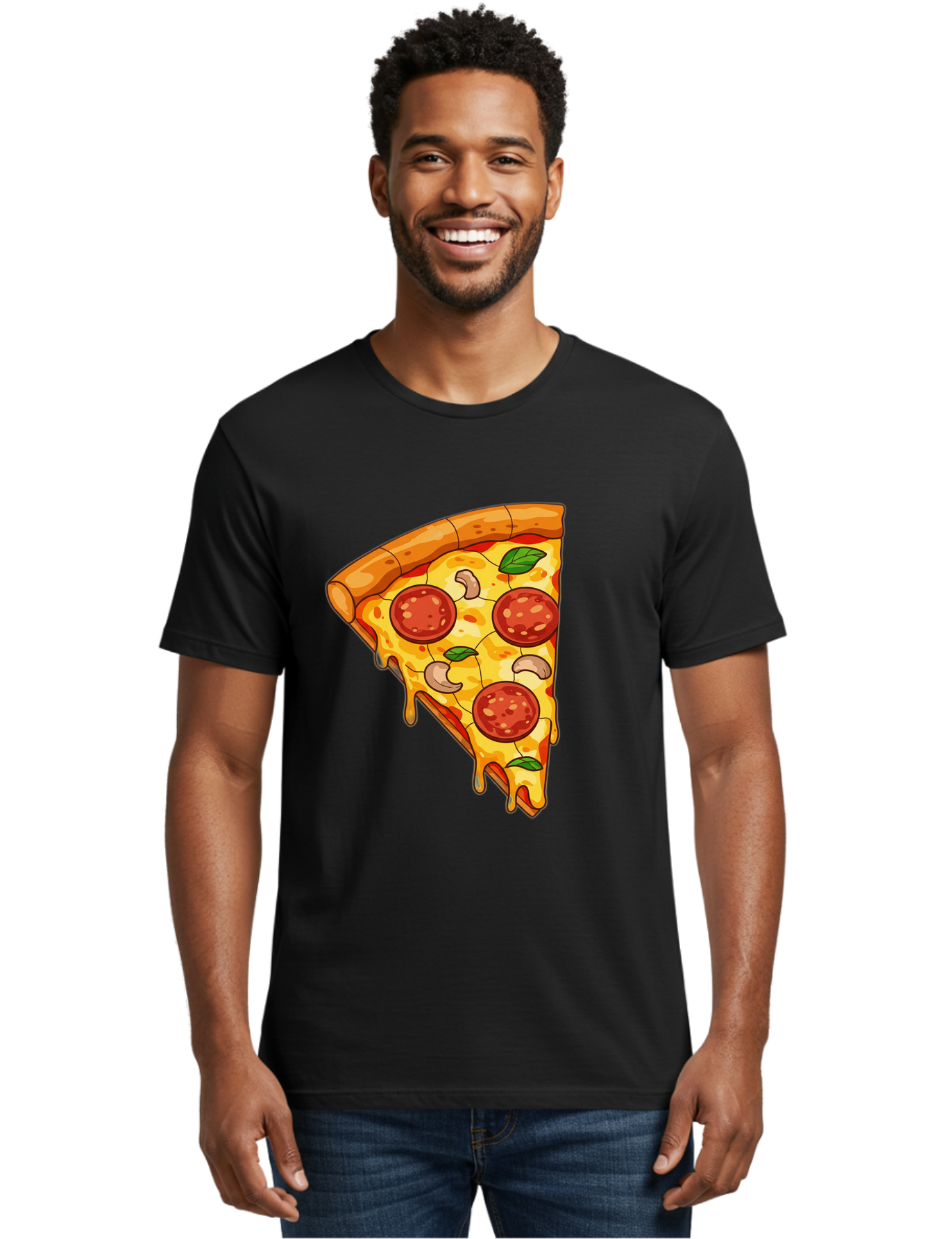 Pepperoni-Pizza-Slice-2 Men'S Graphic Tee, 100% Cotton, Comfortable Casual Summer Wear, Machine Washable, Cheesy Pizza Slice, Pepperoni Pizza, Cashew Nuts, Basil Leaves, Melted Cheese, Golden Crust, Cartoon Pizza, Pizza Graphics, Bac230
