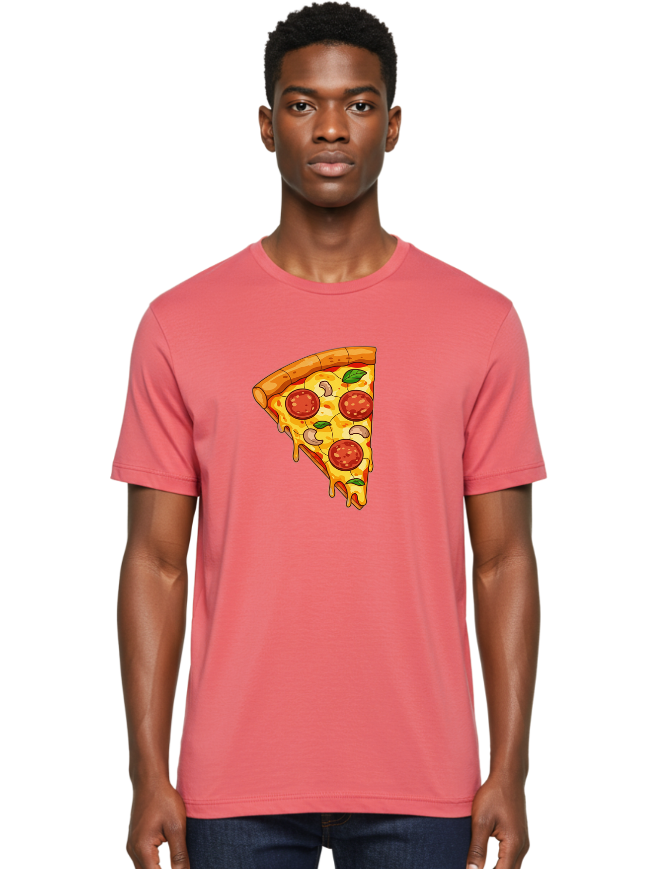 Pepperoni-Pizza-Slice-2 Men'S Graphic Tee, 100% Cotton, Comfortable Casual Summer Wear, Machine Washable, Cheesy Pizza Slice, Pepperoni Pizza, Cashew Nuts, Basil Leaves, Melted Cheese, Golden Crust, Cartoon Pizza, Pizza Graphics, Bac230