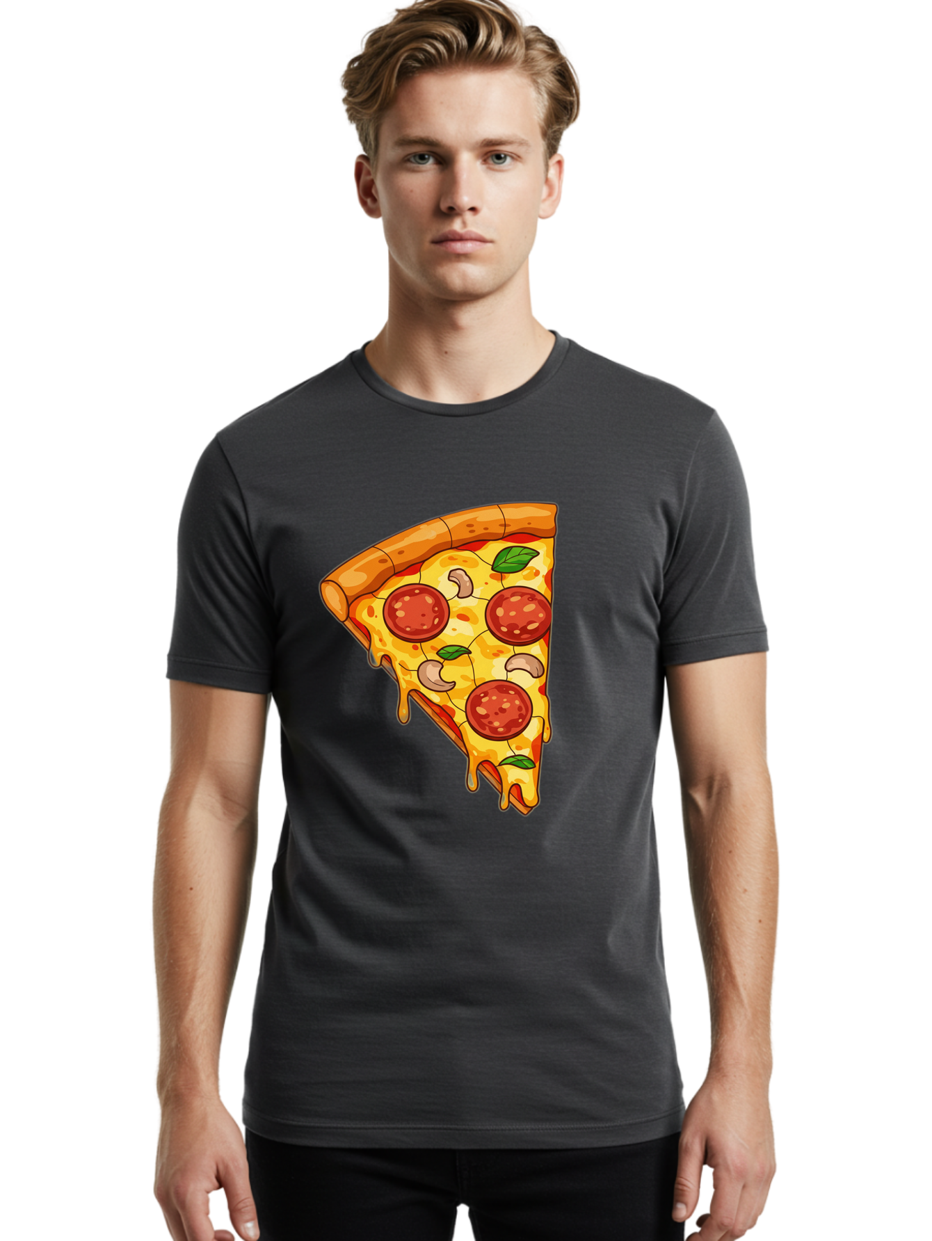 Pepperoni-Pizza-Slice-2 Men'S Graphic Tee, 100% Cotton, Comfortable Casual Summer Wear, Machine Washable, Cheesy Pizza Slice, Pepperoni Pizza, Cashew Nuts, Basil Leaves, Melted Cheese, Golden Crust, Cartoon Pizza, Pizza Graphics, Bac230