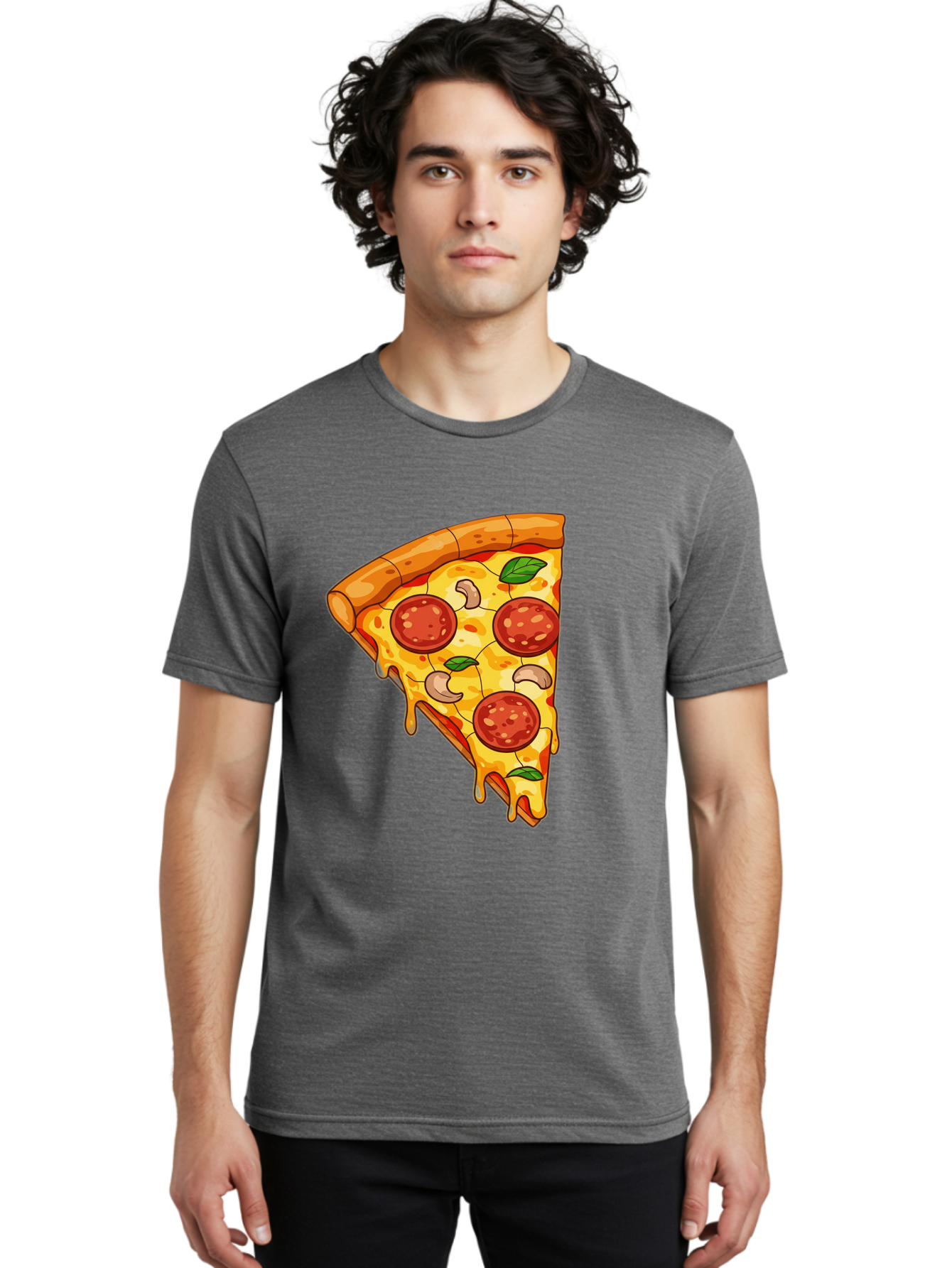 Pepperoni-Pizza-Slice-2 Men'S Graphic Tee, 100% Cotton, Comfortable Casual Summer Wear, Machine Washable, Cheesy Pizza Slice, Pepperoni Pizza, Cashew Nuts, Basil Leaves, Melted Cheese, Golden Crust, Cartoon Pizza, Pizza Graphics, Bac230