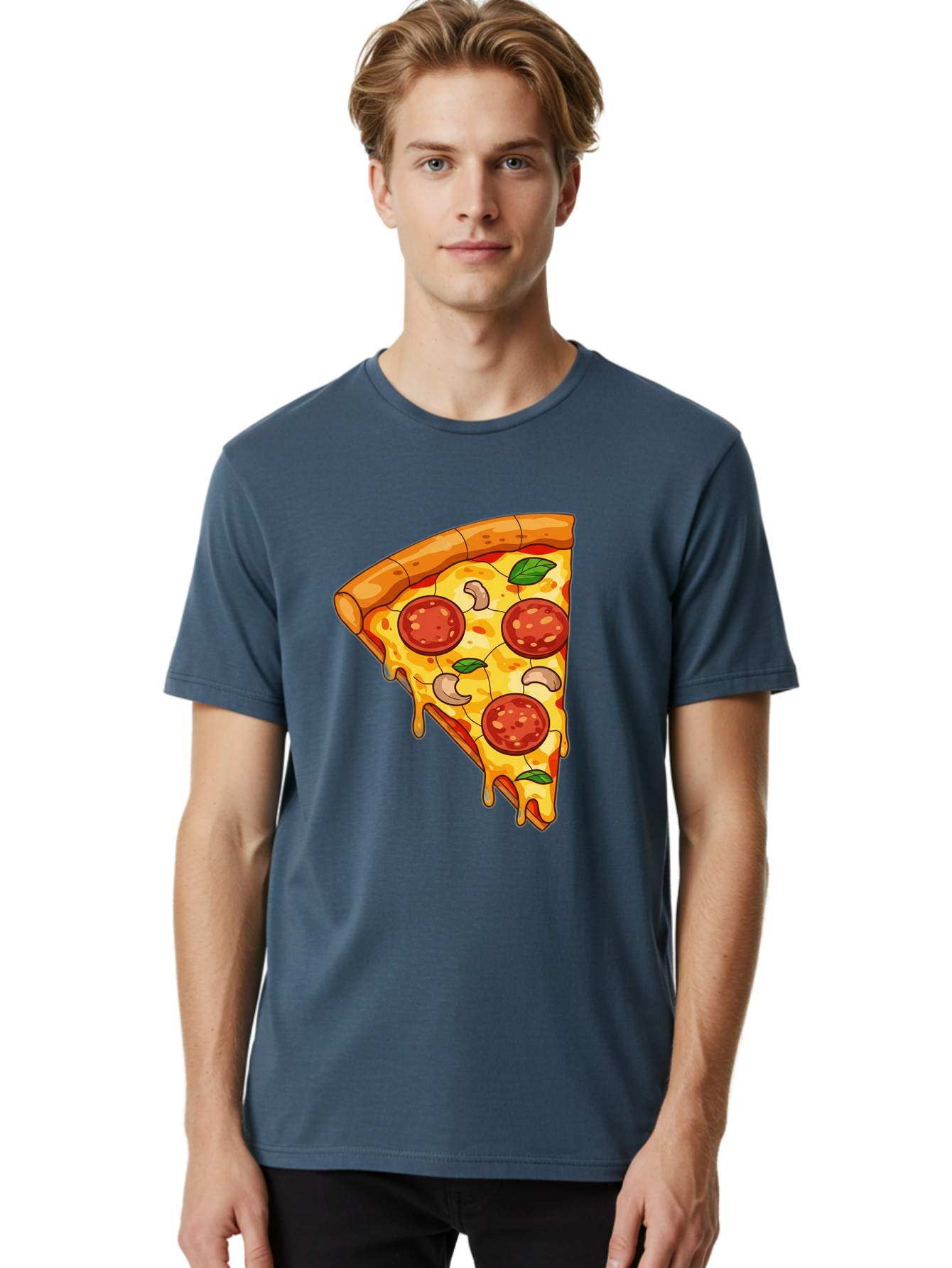 Pepperoni-Pizza-Slice-2 Men'S Graphic Tee, 100% Cotton, Comfortable Casual Summer Wear, Machine Washable, Cheesy Pizza Slice, Pepperoni Pizza, Cashew Nuts, Basil Leaves, Melted Cheese, Golden Crust, Cartoon Pizza, Pizza Graphics, Bac230