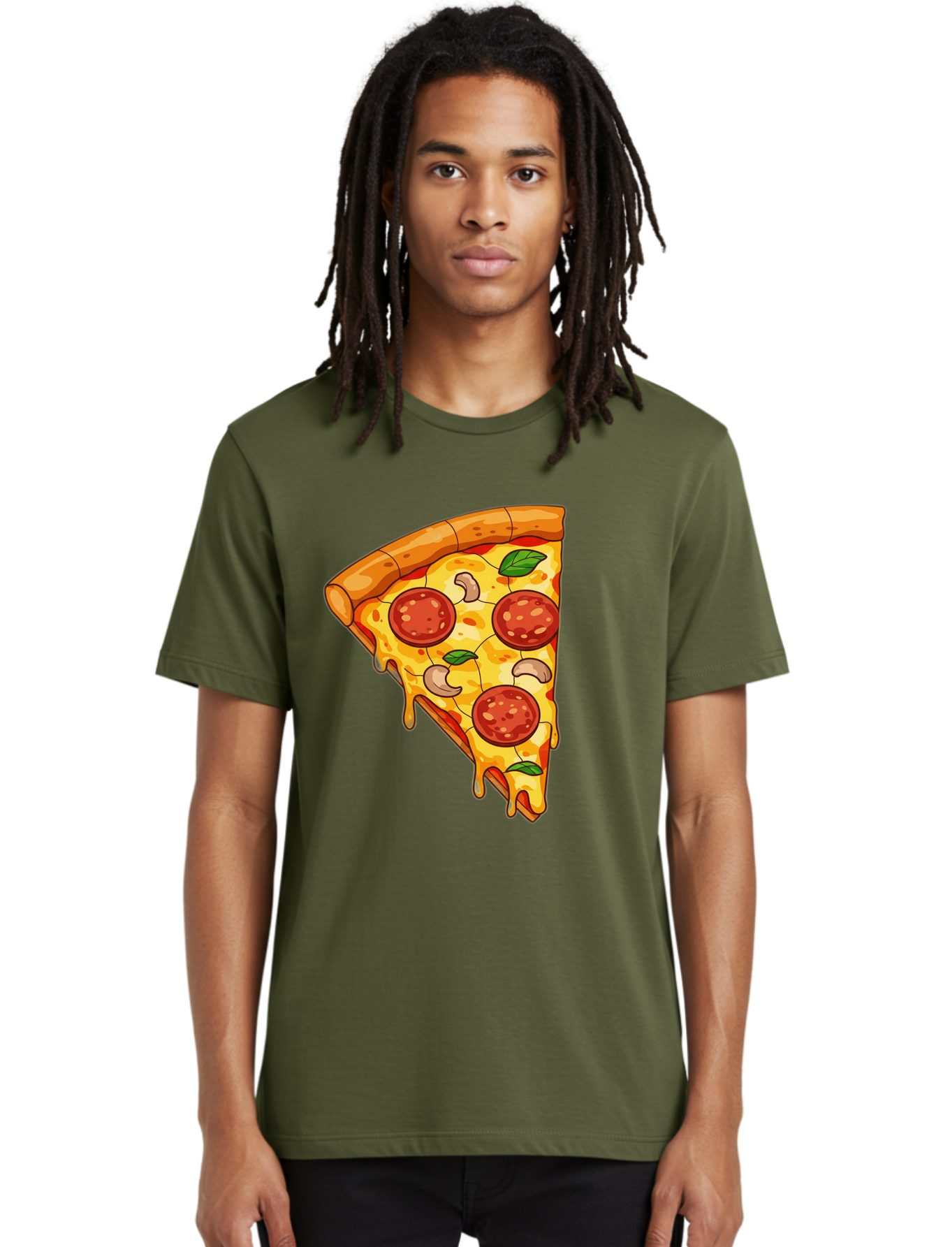 Pepperoni-Pizza-Slice-2 Men'S Graphic Tee, 100% Cotton, Comfortable Casual Summer Wear, Machine Washable, Cheesy Pizza Slice, Pepperoni Pizza, Cashew Nuts, Basil Leaves, Melted Cheese, Golden Crust, Cartoon Pizza, Pizza Graphics, Bac230