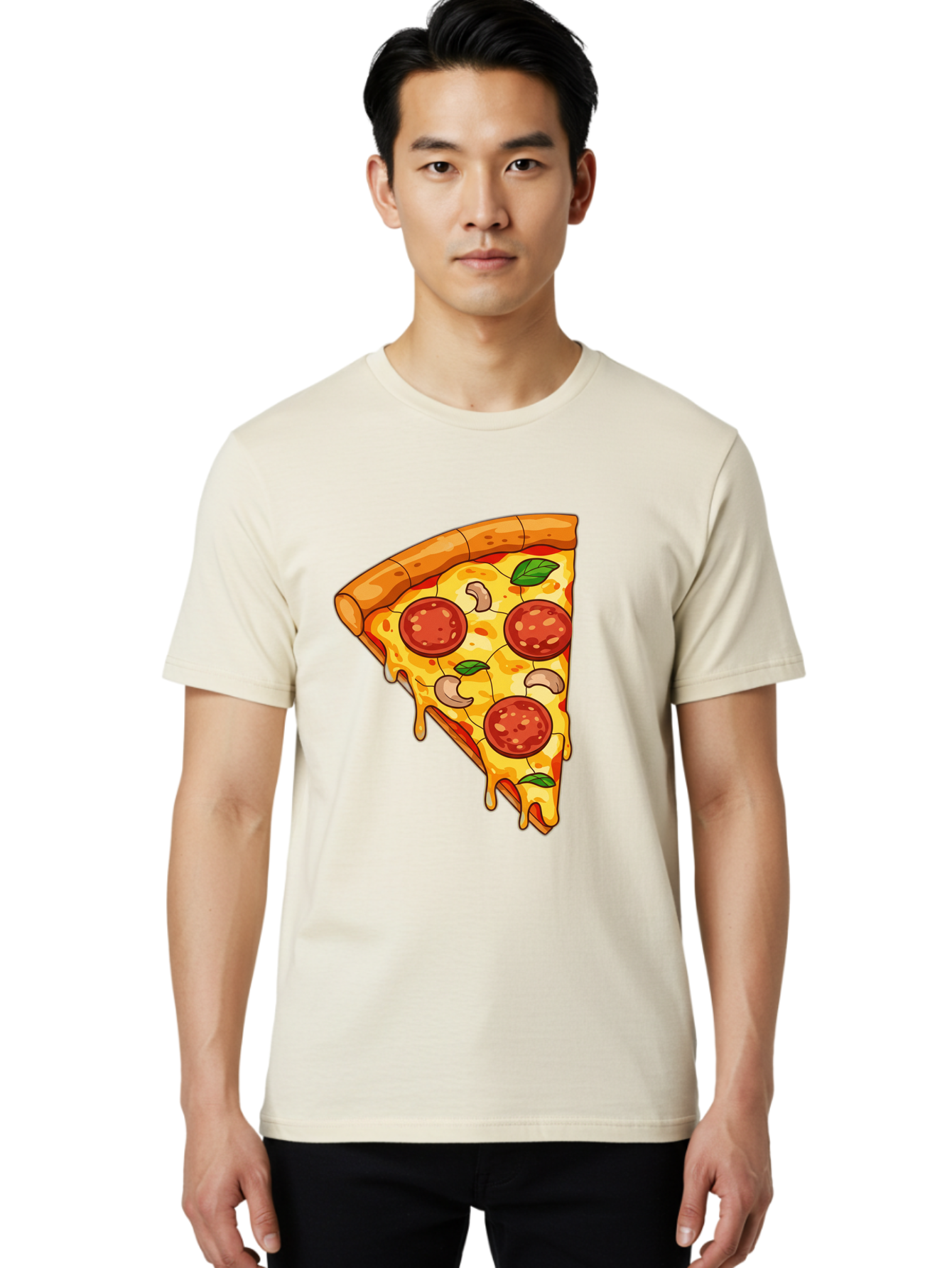 Pepperoni-Pizza-Slice-2 Men'S Graphic Tee, 100% Cotton, Comfortable Casual Summer Wear, Machine Washable, Cheesy Pizza Slice, Pepperoni Pizza, Cashew Nuts, Basil Leaves, Melted Cheese, Golden Crust, Cartoon Pizza, Pizza Graphics, Bac230