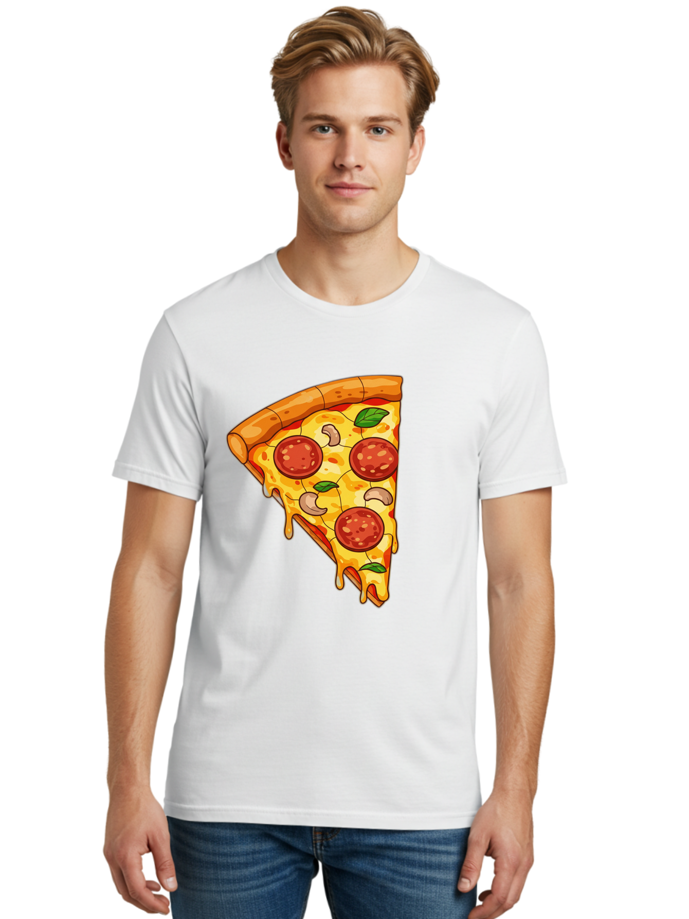 Pepperoni-Pizza-Slice-2 Men'S Graphic Tee, 100% Cotton, Comfortable Casual Summer Wear, Machine Washable, Cheesy Pizza Slice, Pepperoni Pizza, Cashew Nuts, Basil Leaves, Melted Cheese, Golden Crust, Cartoon Pizza, Pizza Graphics, Bac230