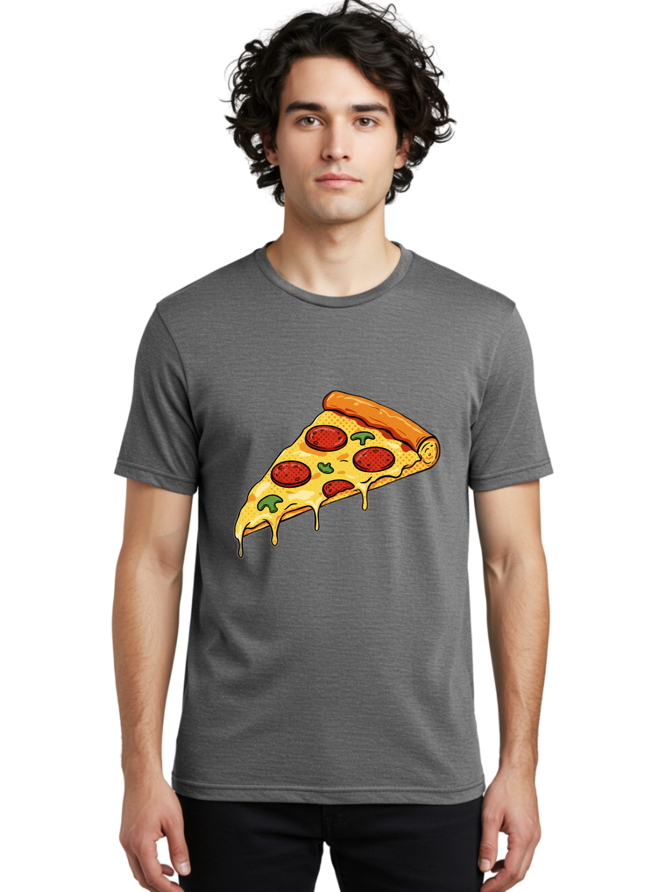 Pepperoni-Pizza-Slice-20 Men'S Graphic Tee, 100% Cotton, Comfortable Casual Summer Wear, Machine Washable, Pepperoni Pizza, Pizza Slice, Melted Cheese, Green Peppers, Tomato Sauce, Italian Food, Food Illustration, Cartoon Pizza, Tasty Pizza, Bac231
