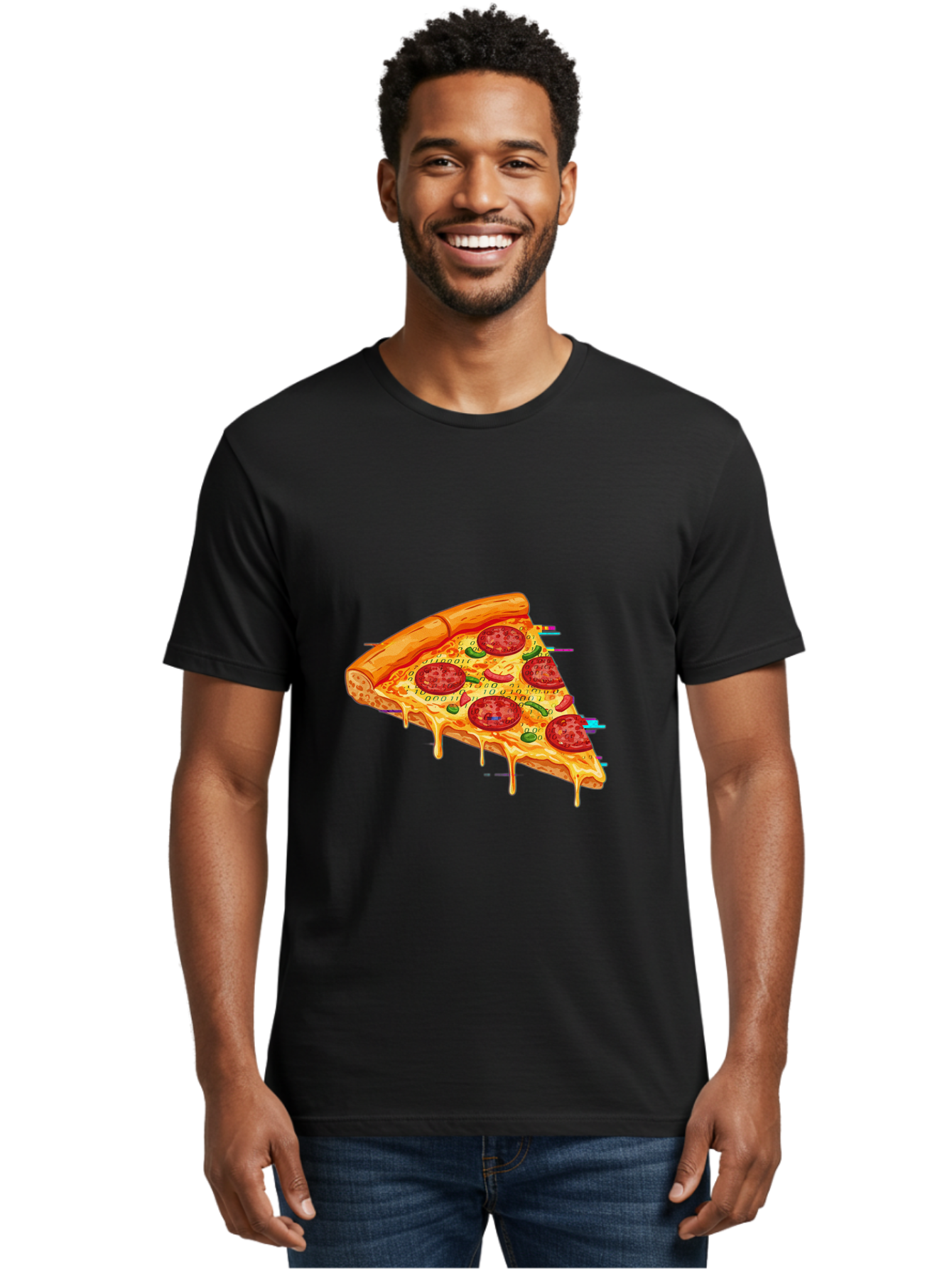 Pepperoni-Pizza-Slice-23 Men'S Graphic Tee, 100% Cotton, Comfortable Casual Summer Wear, Machine Washable, Pepperoni Pizza, Cheese Pizza, Pizza Slice, Melted Cheese, Pepperoni Toppings, Glitch Art, Distorted Image, Digital Art, Modern Design, Bac234