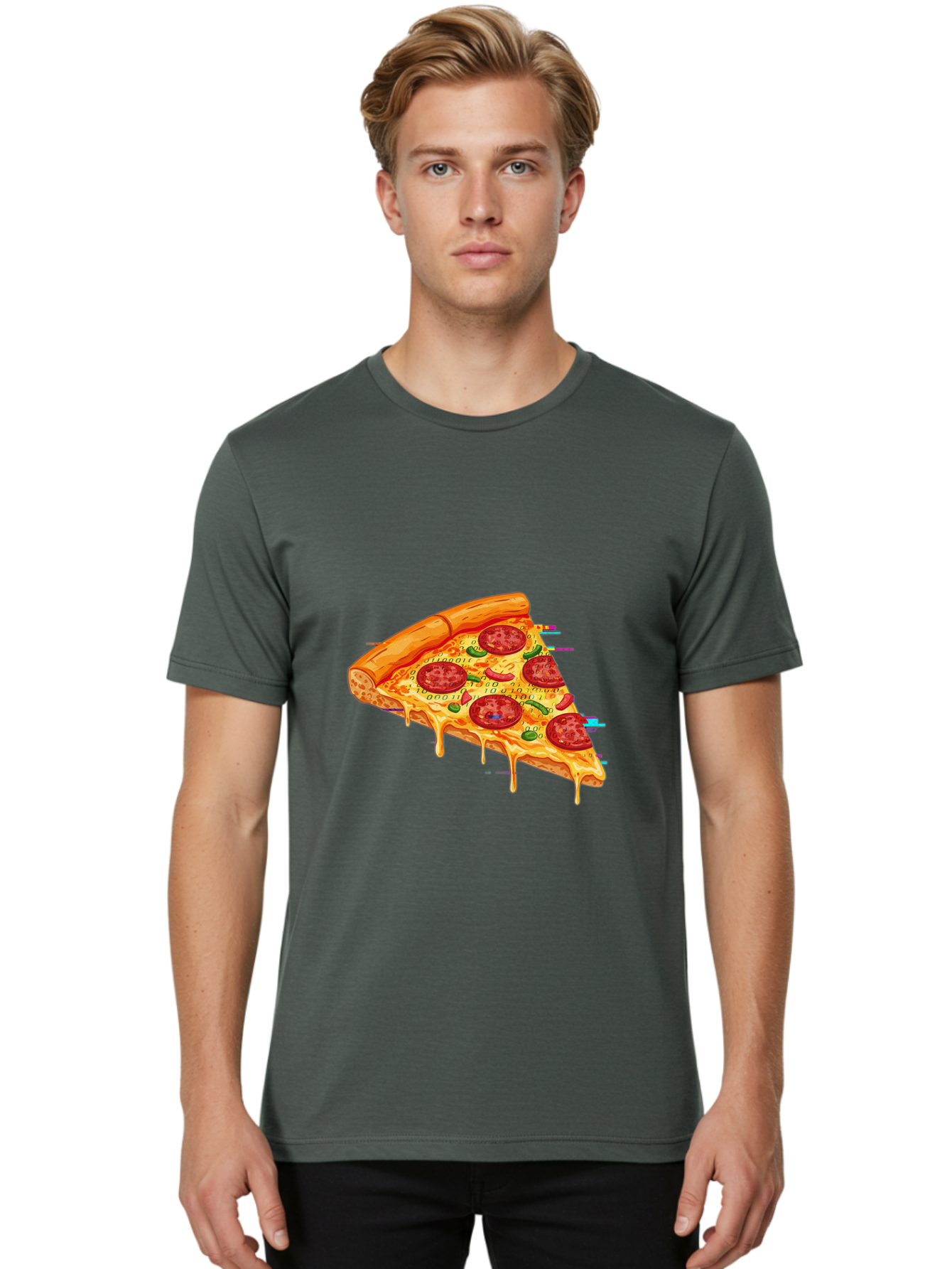 Pepperoni-Pizza-Slice-23 Men'S Graphic Tee, 100% Cotton, Comfortable Casual Summer Wear, Machine Washable, Pepperoni Pizza, Cheese Pizza, Pizza Slice, Melted Cheese, Pepperoni Toppings, Glitch Art, Distorted Image, Digital Art, Modern Design, Bac234
