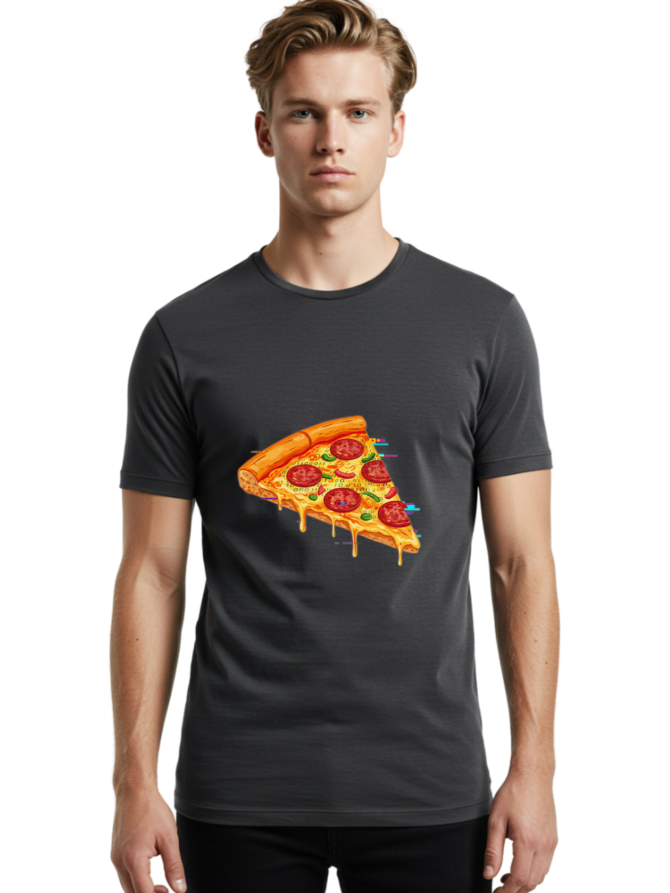Pepperoni-Pizza-Slice-23 Men'S Graphic Tee, 100% Cotton, Comfortable Casual Summer Wear, Machine Washable, Pepperoni Pizza, Cheese Pizza, Pizza Slice, Melted Cheese, Pepperoni Toppings, Glitch Art, Distorted Image, Digital Art, Modern Design, Bac234