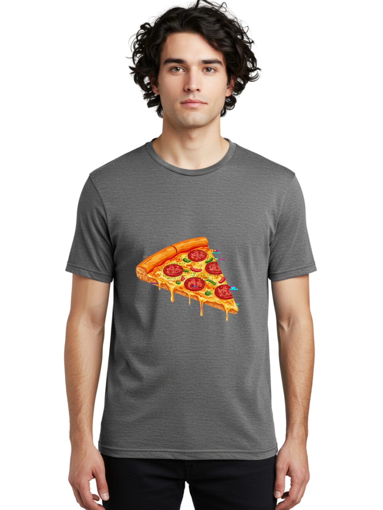 Pepperoni-Pizza-Slice-23 Men'S Graphic Tee, 100% Cotton, Comfortable Casual Summer Wear, Machine Washable, Pepperoni Pizza, Cheese Pizza, Pizza Slice, Melted Cheese, Pepperoni Toppings, Glitch Art, Distorted Image, Digital Art, Modern Design, Bac234