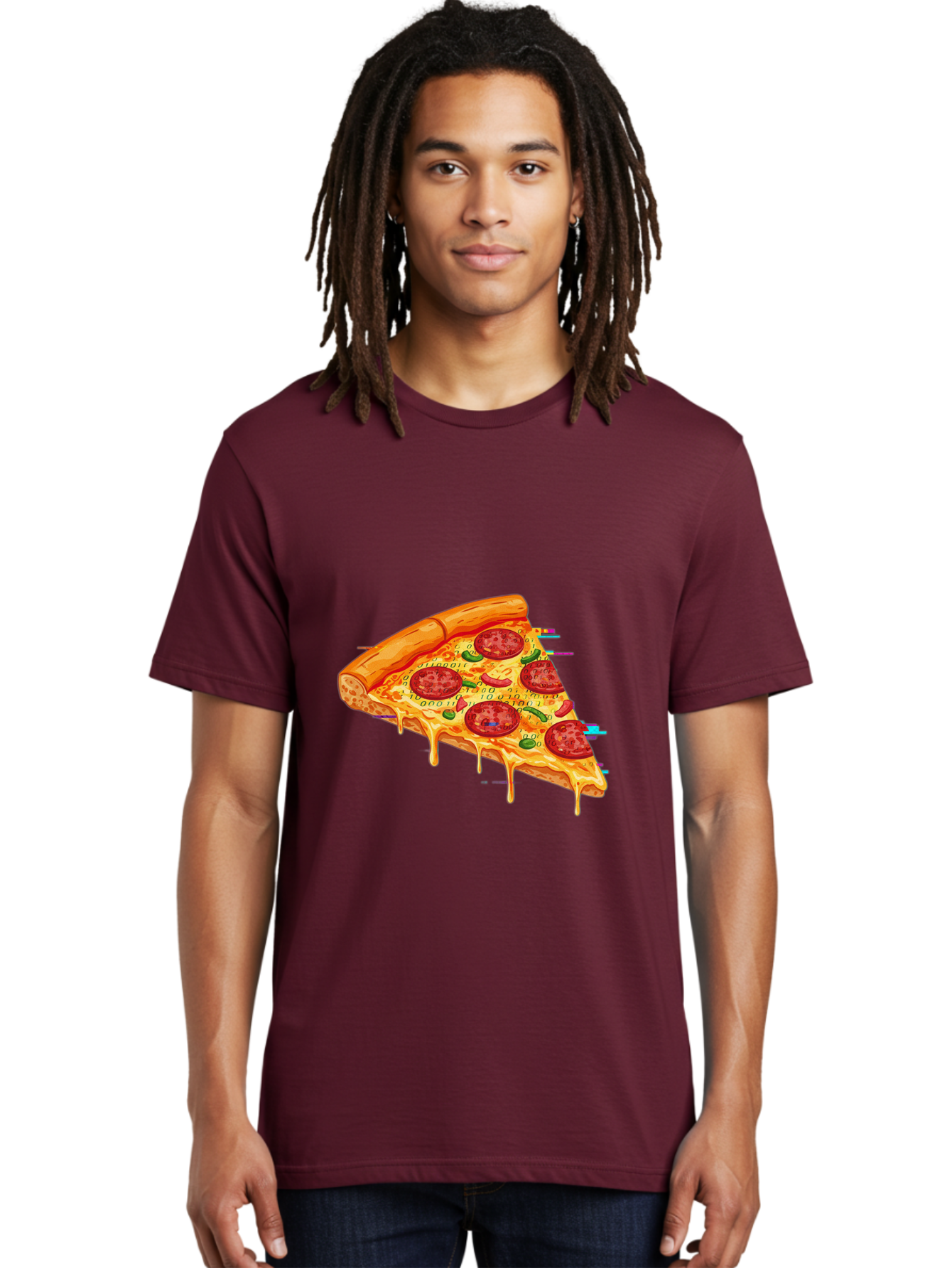 Pepperoni-Pizza-Slice-23 Men'S Graphic Tee, 100% Cotton, Comfortable Casual Summer Wear, Machine Washable, Pepperoni Pizza, Cheese Pizza, Pizza Slice, Melted Cheese, Pepperoni Toppings, Glitch Art, Distorted Image, Digital Art, Modern Design, Bac234