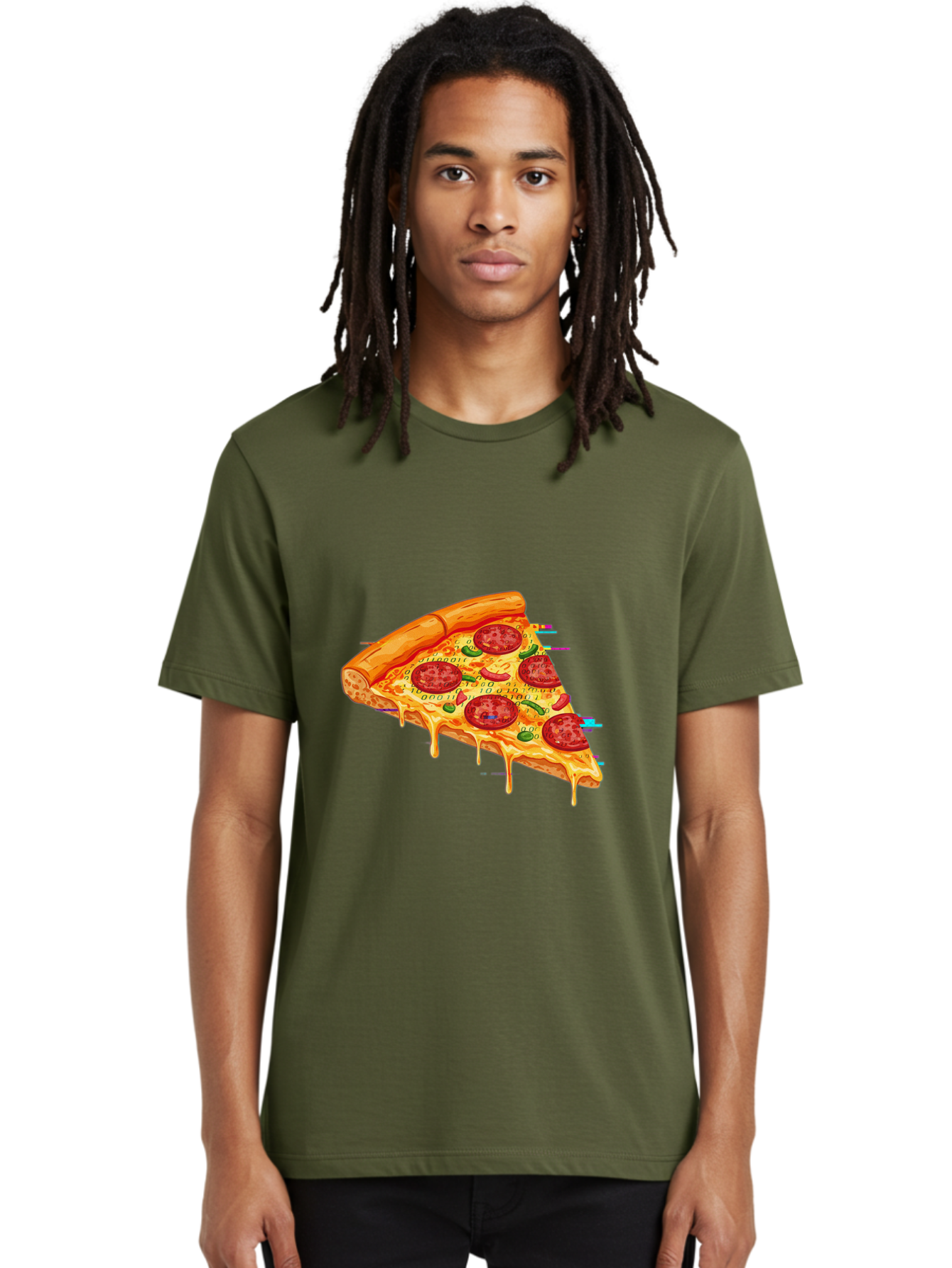 Pepperoni-Pizza-Slice-23 Men'S Graphic Tee, 100% Cotton, Comfortable Casual Summer Wear, Machine Washable, Pepperoni Pizza, Cheese Pizza, Pizza Slice, Melted Cheese, Pepperoni Toppings, Glitch Art, Distorted Image, Digital Art, Modern Design, Bac234