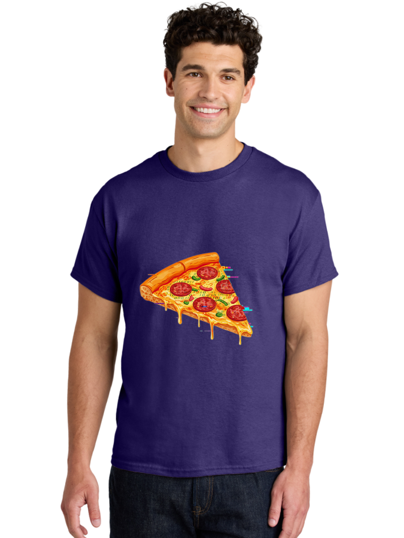 Pepperoni-Pizza-Slice-23 Men'S Graphic Tee, 100% Cotton, Comfortable Casual Summer Wear, Machine Washable, Pepperoni Pizza, Cheese Pizza, Pizza Slice, Melted Cheese, Pepperoni Toppings, Glitch Art, Distorted Image, Digital Art, Modern Design, Bac234