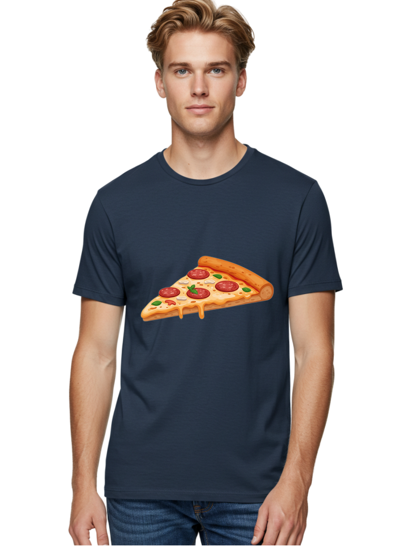 Pepperoni-Pizza-Slice-3 Men'S Graphic Tee, 100% Cotton, Comfortable Casual Summer Wear, Machine Washable, Pepperoni Pizza, Pizza Slice, Cheesy Goodness, Melted Cheese, Savory Pepperoni, Fresh Basil, Italian Cuisine, Foodie Delight Bac235