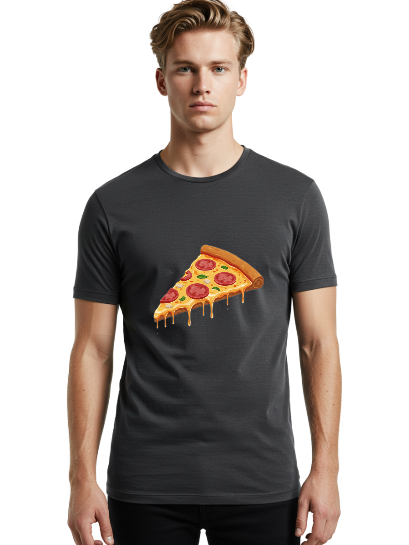 Pepperoni-Pizza-Slice-4 Men'S Graphic Tee, 100% Cotton, Comfortable Casual Summer Wear, Machine Washable, Pepperoni Pizza, Pizza Slice, Melted Cheese, Pepperoni, Basil Leaves, Gooey Cheese, Pizza Toppings, Italian Food, Cheesy Goodness Bac236