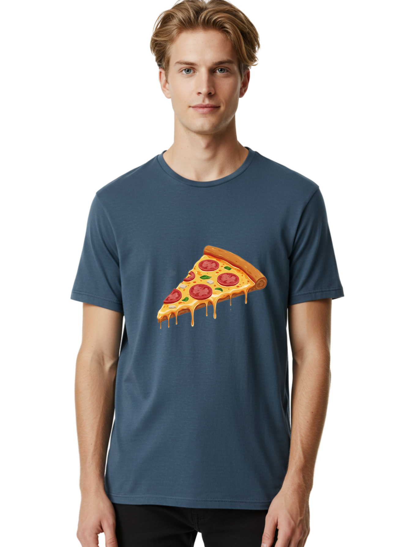 Pepperoni-Pizza-Slice-4 Men'S Graphic Tee, 100% Cotton, Comfortable Casual Summer Wear, Machine Washable, Pepperoni Pizza, Pizza Slice, Melted Cheese, Pepperoni, Basil Leaves, Gooey Cheese, Pizza Toppings, Italian Food, Cheesy Goodness Bac236
