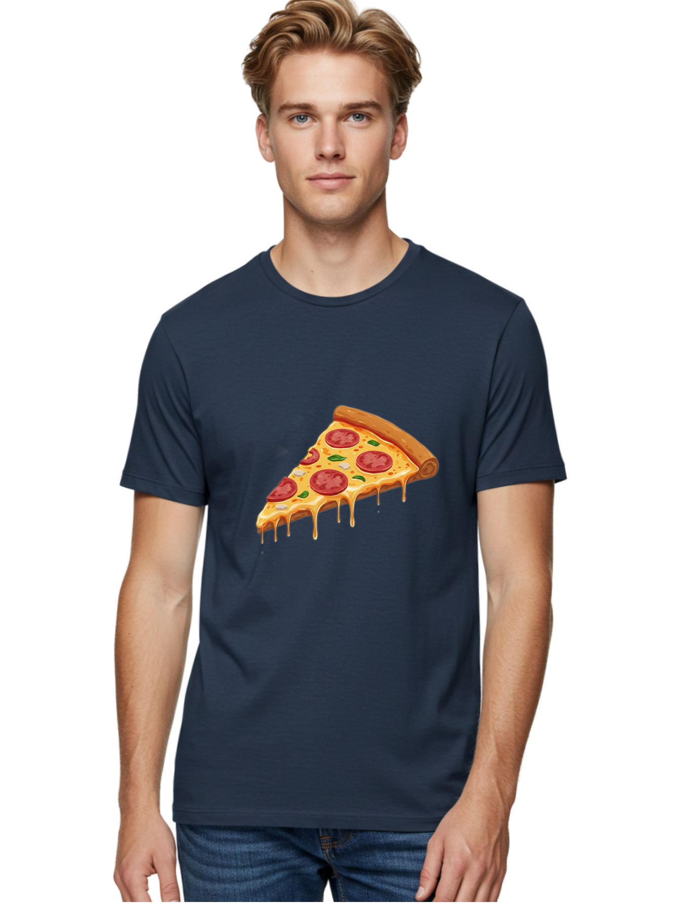 Pepperoni-Pizza-Slice-4 Men'S Graphic Tee, 100% Cotton, Comfortable Casual Summer Wear, Machine Washable, Pepperoni Pizza, Pizza Slice, Melted Cheese, Pepperoni, Basil Leaves, Gooey Cheese, Pizza Toppings, Italian Food, Cheesy Goodness Bac236