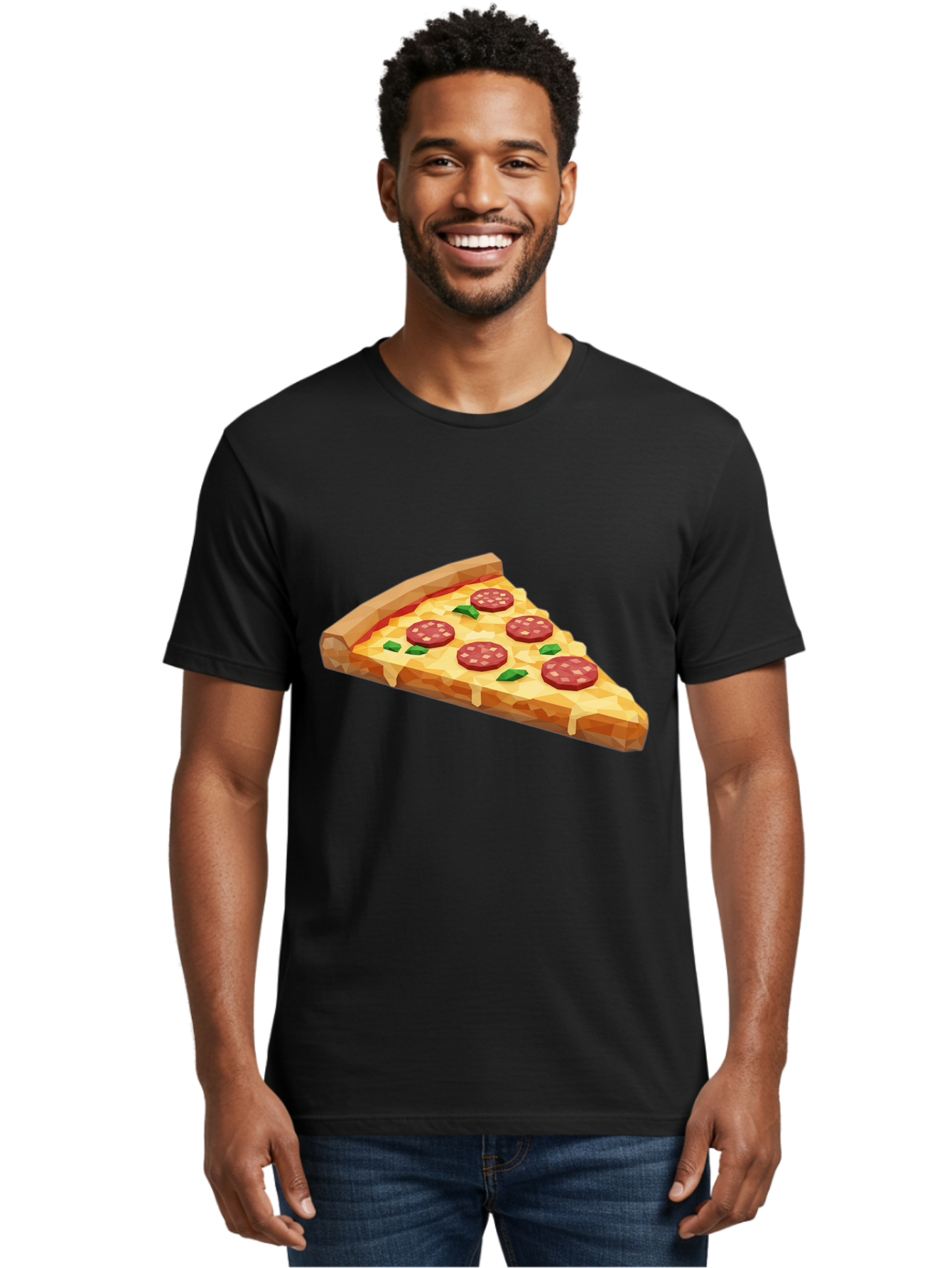 Pepperoni-Pizza-Slice Men'S Graphic Tee, 100% Cotton, Comfortable Casual Summer Wear, Machine Washable, Pepperoni Pizza, Melted Cheese, Green Basil Leaves, Pizza Slice, Cheesy Goodness, Savory Flavors, Food Illustration, Cartoon Style Bac243