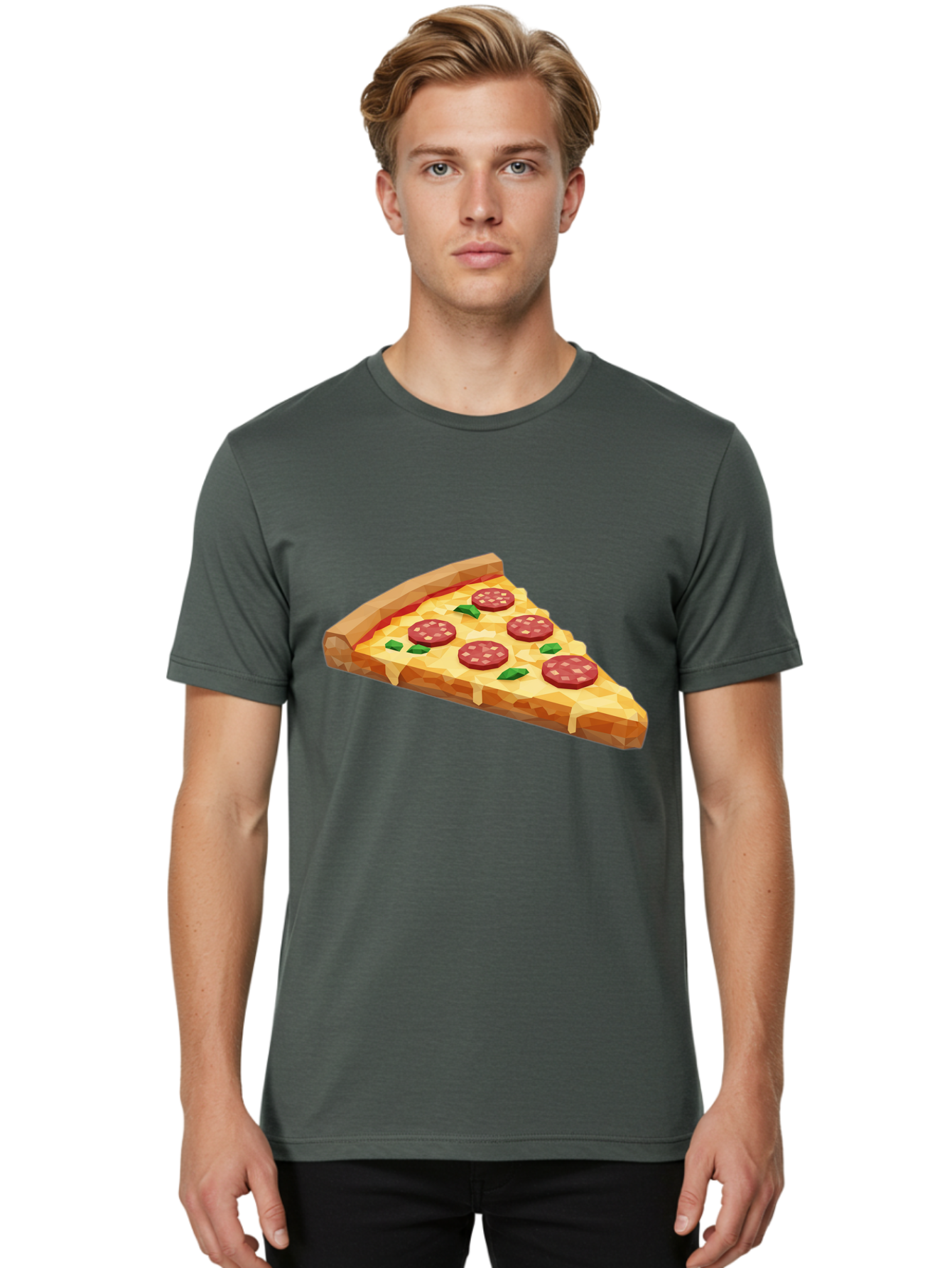 Pepperoni-Pizza-Slice Men'S Graphic Tee, 100% Cotton, Comfortable Casual Summer Wear, Machine Washable, Pepperoni Pizza, Melted Cheese, Green Basil Leaves, Pizza Slice, Cheesy Goodness, Savory Flavors, Food Illustration, Cartoon Style Bac243
