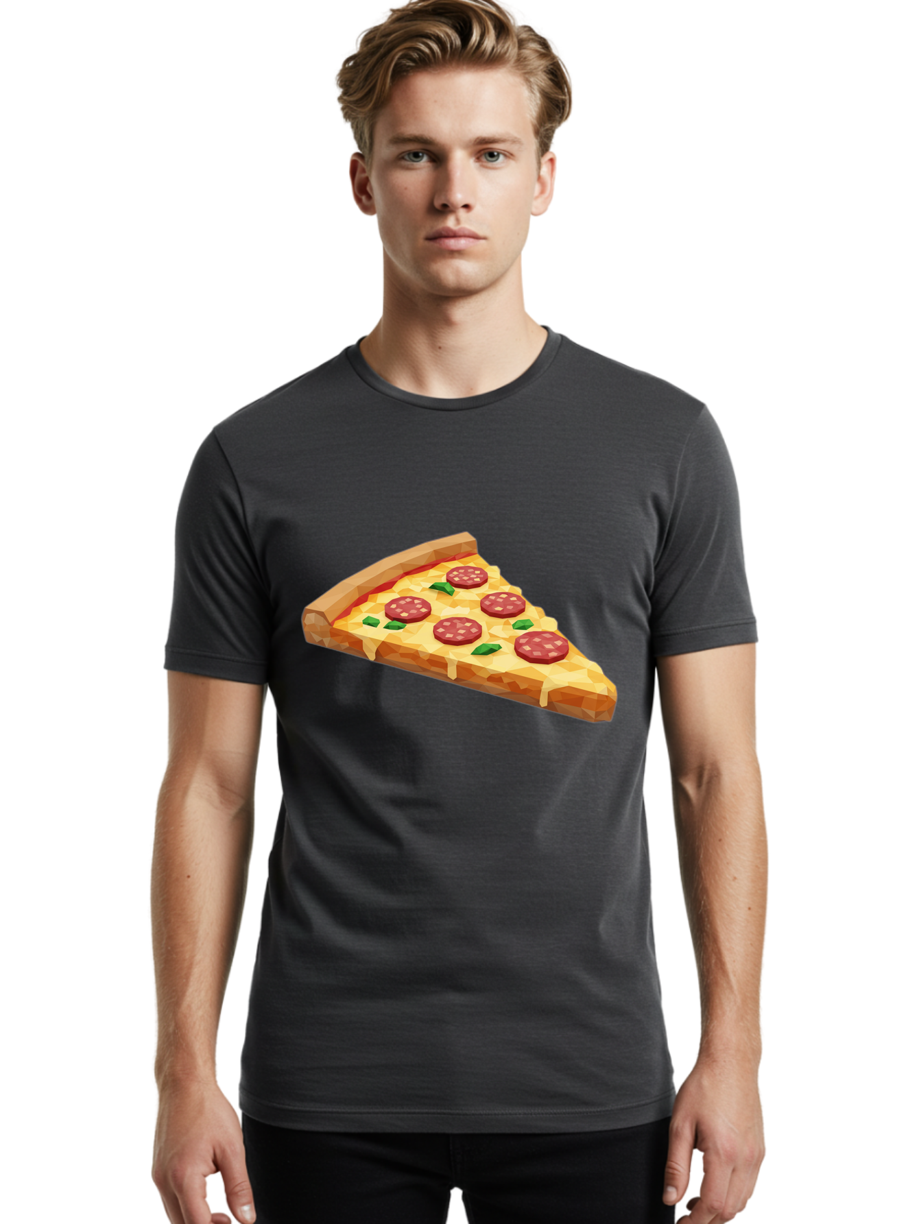 Pepperoni-Pizza-Slice Men'S Graphic Tee, 100% Cotton, Comfortable Casual Summer Wear, Machine Washable, Pepperoni Pizza, Melted Cheese, Green Basil Leaves, Pizza Slice, Cheesy Goodness, Savory Flavors, Food Illustration, Cartoon Style Bac243