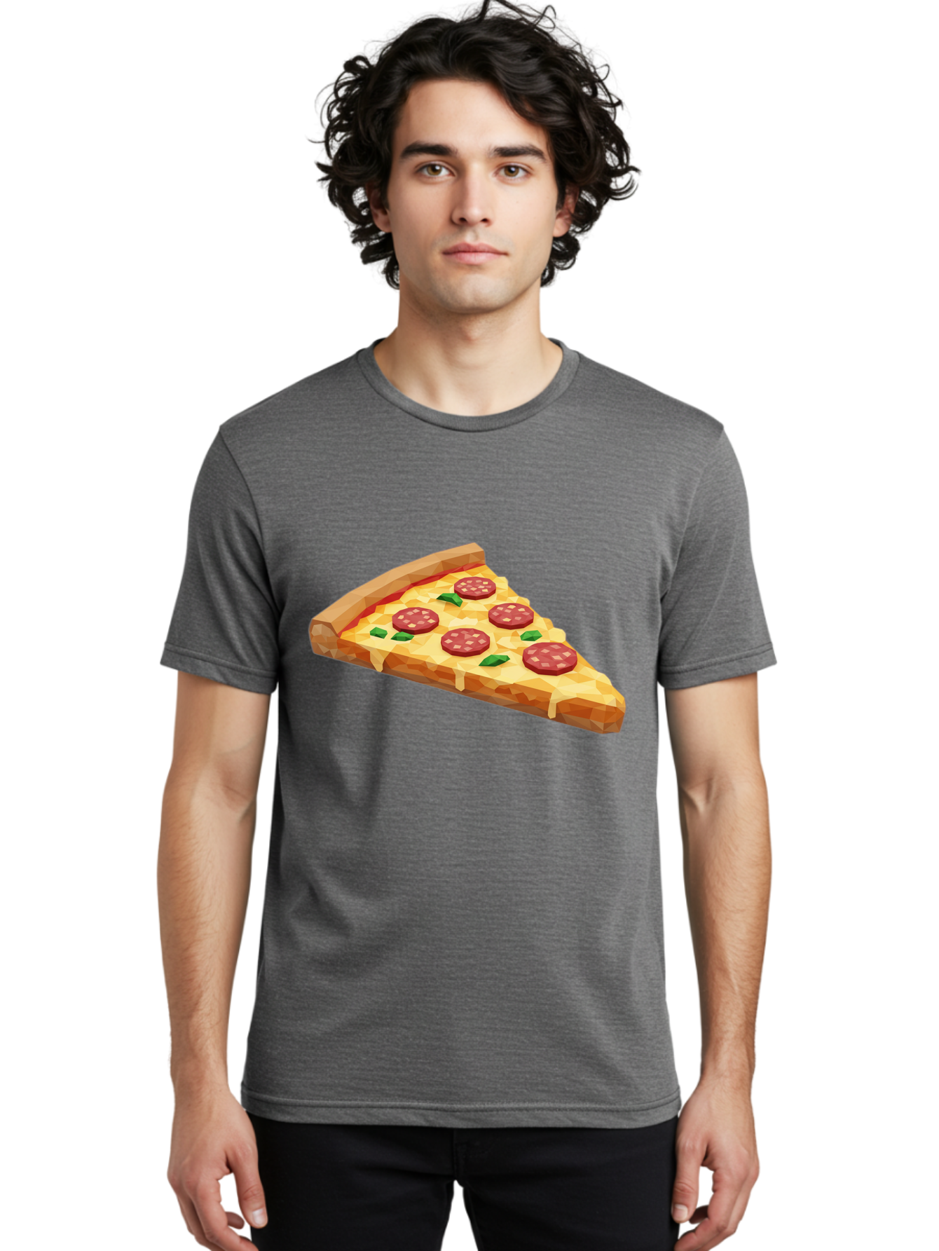 Pepperoni-Pizza-Slice Men'S Graphic Tee, 100% Cotton, Comfortable Casual Summer Wear, Machine Washable, Pepperoni Pizza, Melted Cheese, Green Basil Leaves, Pizza Slice, Cheesy Goodness, Savory Flavors, Food Illustration, Cartoon Style Bac243