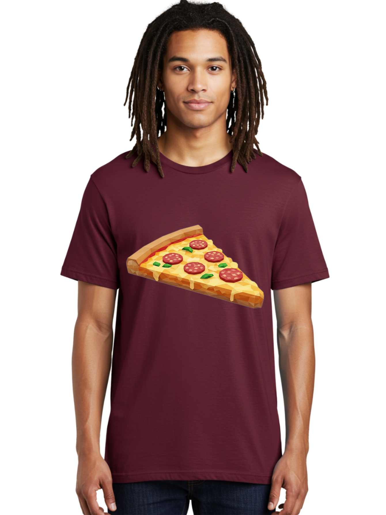 Pepperoni-Pizza-Slice Men'S Graphic Tee, 100% Cotton, Comfortable Casual Summer Wear, Machine Washable, Pepperoni Pizza, Melted Cheese, Green Basil Leaves, Pizza Slice, Cheesy Goodness, Savory Flavors, Food Illustration, Cartoon Style Bac243