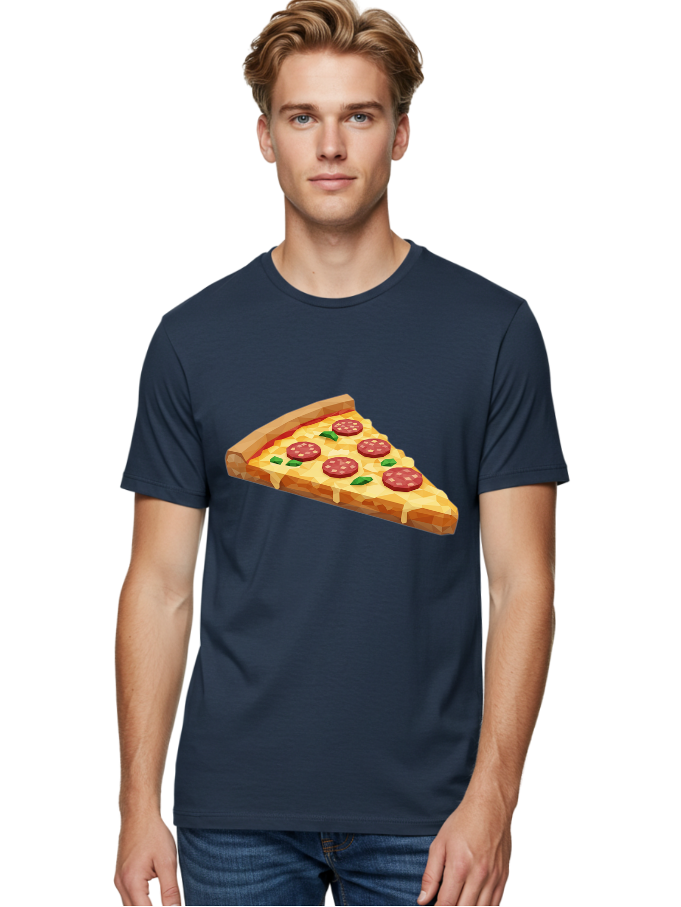 Pepperoni-Pizza-Slice Men'S Graphic Tee, 100% Cotton, Comfortable Casual Summer Wear, Machine Washable, Pepperoni Pizza, Melted Cheese, Green Basil Leaves, Pizza Slice, Cheesy Goodness, Savory Flavors, Food Illustration, Cartoon Style Bac243
