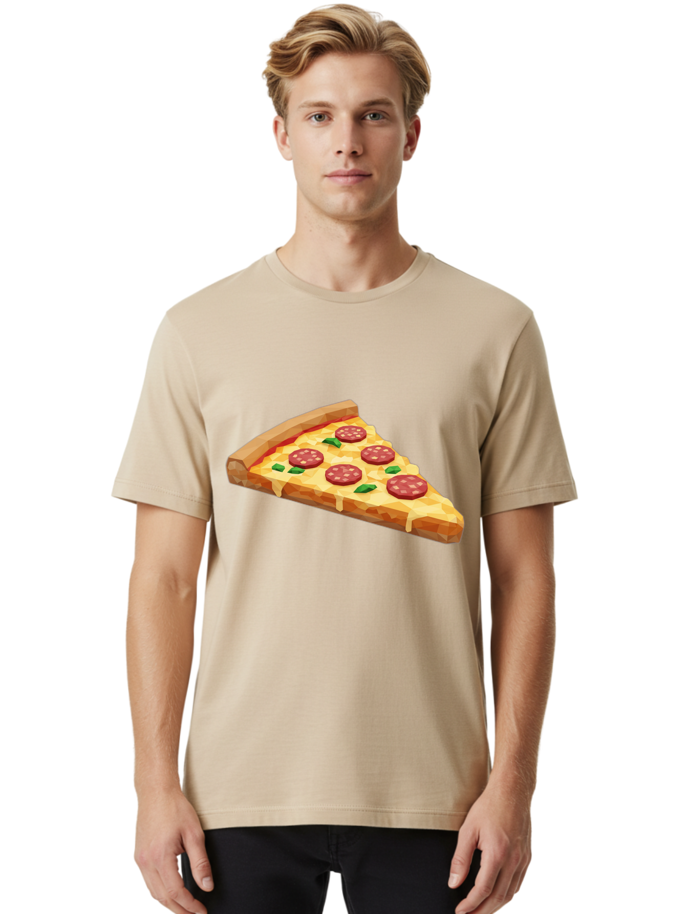 Pepperoni-Pizza-Slice Men'S Graphic Tee, 100% Cotton, Comfortable Casual Summer Wear, Machine Washable, Pepperoni Pizza, Melted Cheese, Green Basil Leaves, Pizza Slice, Cheesy Goodness, Savory Flavors, Food Illustration, Cartoon Style Bac243