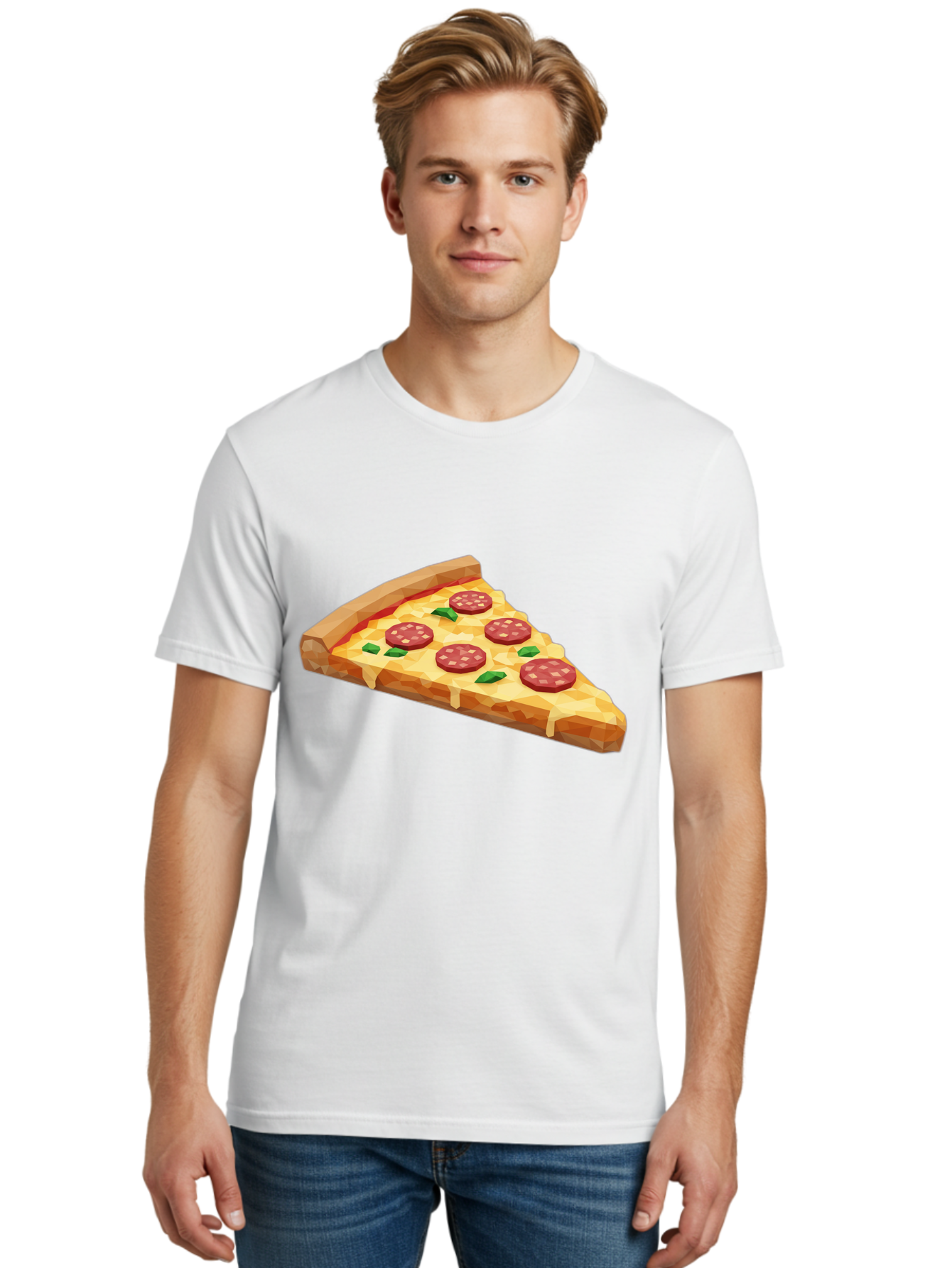 Pepperoni-Pizza-Slice Men'S Graphic Tee, 100% Cotton, Comfortable Casual Summer Wear, Machine Washable, Pepperoni Pizza, Melted Cheese, Green Basil Leaves, Pizza Slice, Cheesy Goodness, Savory Flavors, Food Illustration, Cartoon Style Bac243