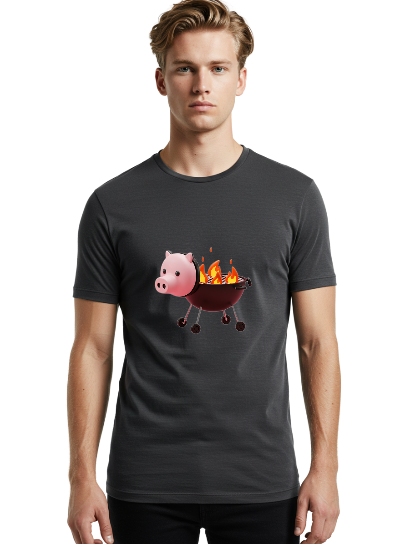 Pig-Head-On-Grill Men'S Graphic Tee, 100% Cotton, Comfortable Casual Summer Wear, Machine Washable, Pig Shaped Barbecue Grill, Barbecue Cooking, Grilling Meat, Cartoon Pig, Grill With Flames, Playful Kitchen Decor, Whimsical Design, Bac244