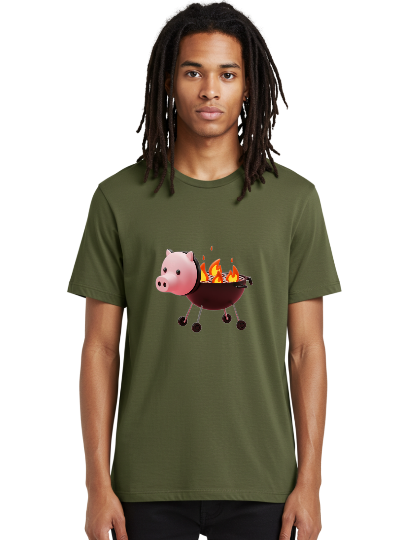 Pig-Head-On-Grill Men'S Graphic Tee, 100% Cotton, Comfortable Casual Summer Wear, Machine Washable, Pig Shaped Barbecue Grill, Barbecue Cooking, Grilling Meat, Cartoon Pig, Grill With Flames, Playful Kitchen Decor, Whimsical Design, Bac244
