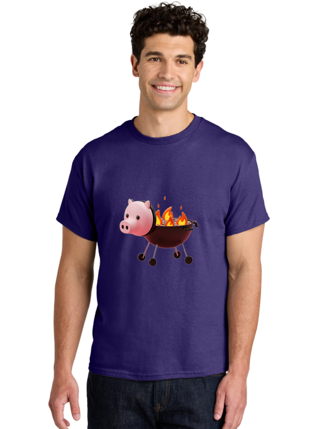 Pig-Head-On-Grill Men'S Graphic Tee, 100% Cotton, Comfortable Casual Summer Wear, Machine Washable, Pig Shaped Barbecue Grill, Barbecue Cooking, Grilling Meat, Cartoon Pig, Grill With Flames, Playful Kitchen Decor, Whimsical Design, Bac244