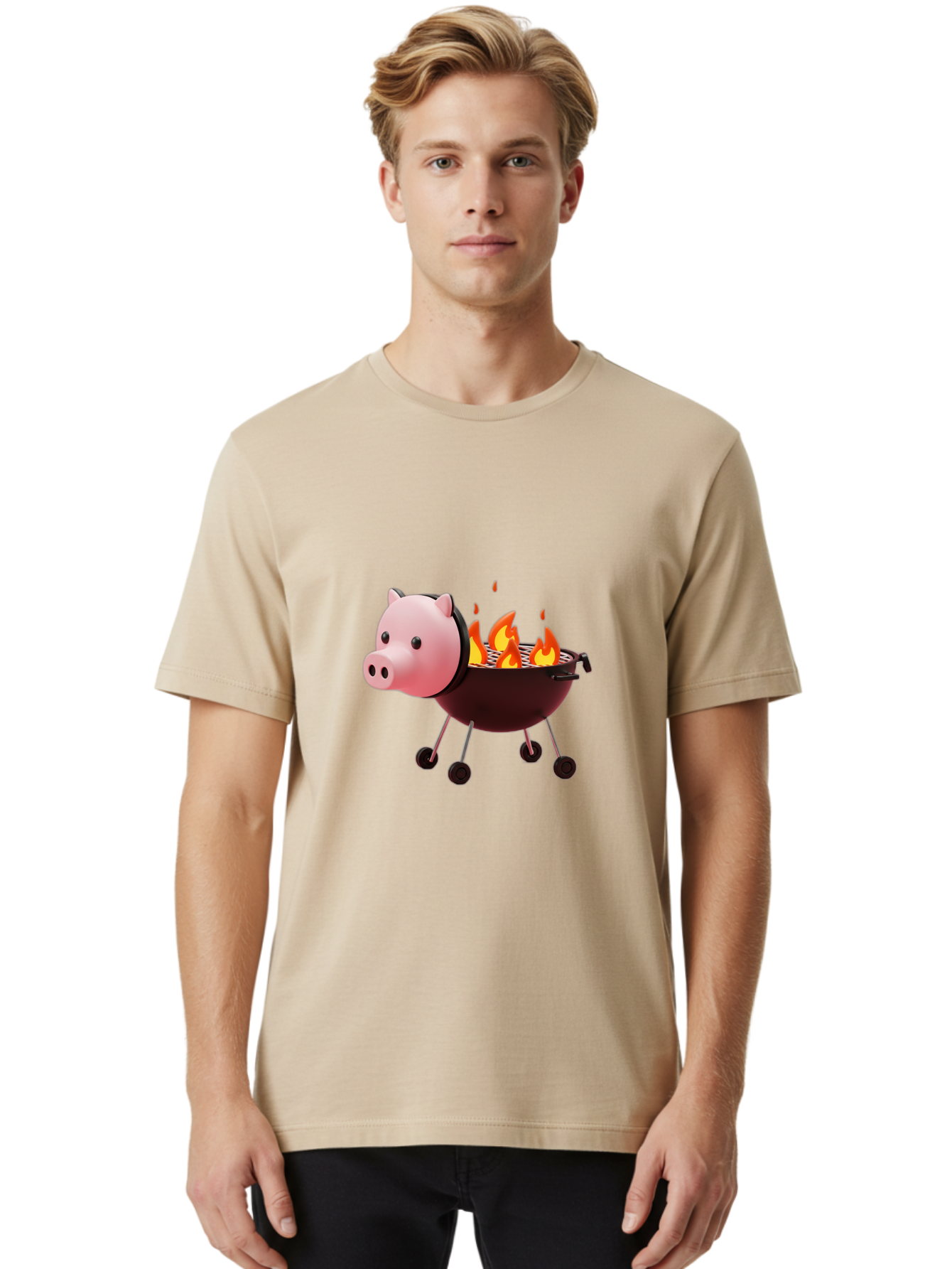 Pig-Head-On-Grill Men'S Graphic Tee, 100% Cotton, Comfortable Casual Summer Wear, Machine Washable, Pig Shaped Barbecue Grill, Barbecue Cooking, Grilling Meat, Cartoon Pig, Grill With Flames, Playful Kitchen Decor, Whimsical Design, Bac244