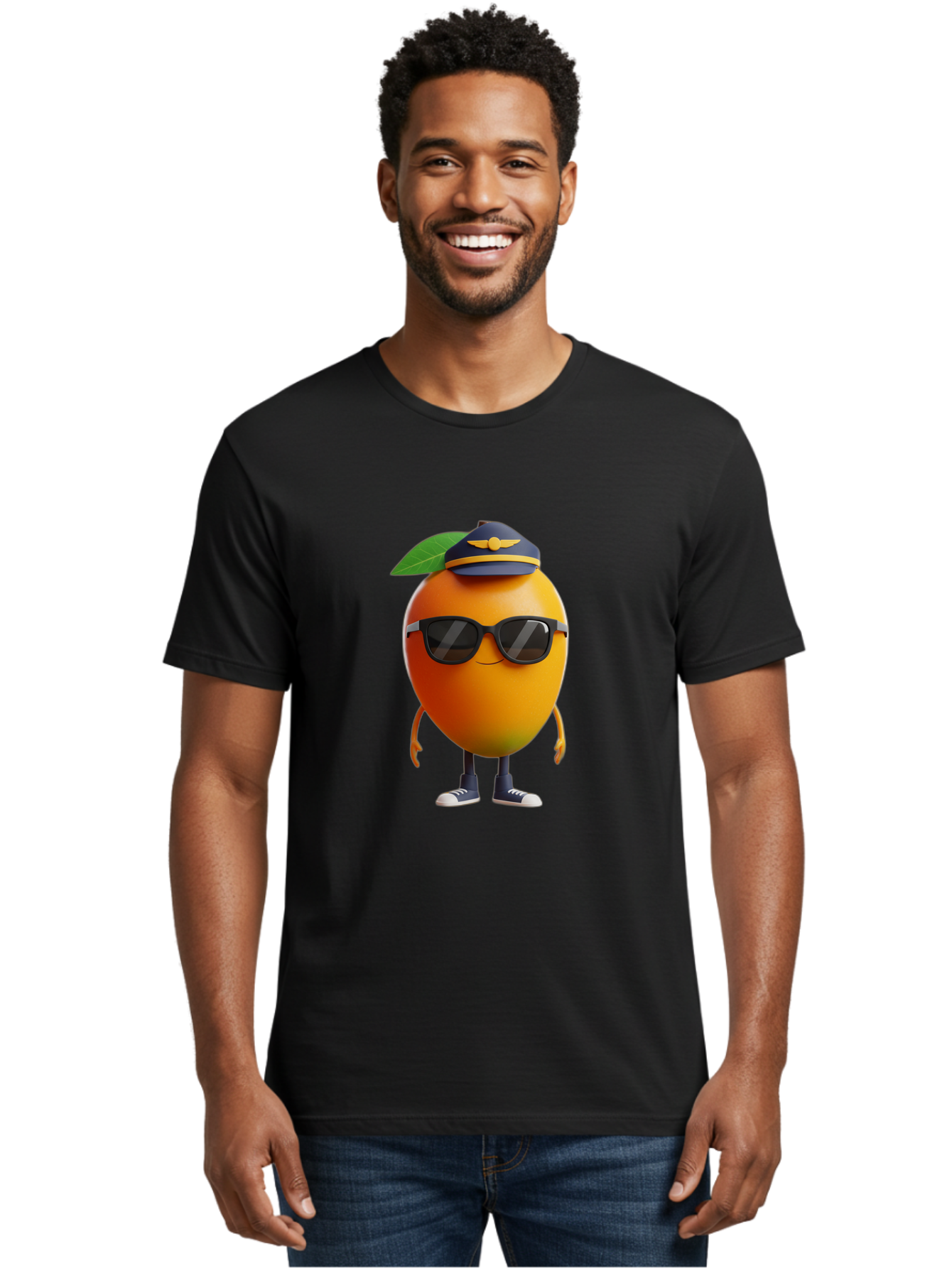 Pilot-Orange Men'S Graphic Tee, 100% Cotton, Comfortable Casual Summer Wear, Machine Washable, Cartoon Orange Character, Pilot Hat, Sunglasses, Blue Sneakers, Smiling Face, Citrus Fruit, Fun Illustration, Vibrant Orange, Playful Design, Bac245
