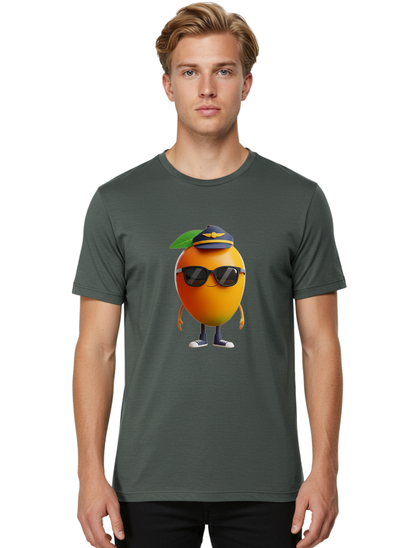 Pilot-Orange Men'S Graphic Tee, 100% Cotton, Comfortable Casual Summer Wear, Machine Washable, Cartoon Orange Character, Pilot Hat, Sunglasses, Blue Sneakers, Smiling Face, Citrus Fruit, Fun Illustration, Vibrant Orange, Playful Design, Bac245