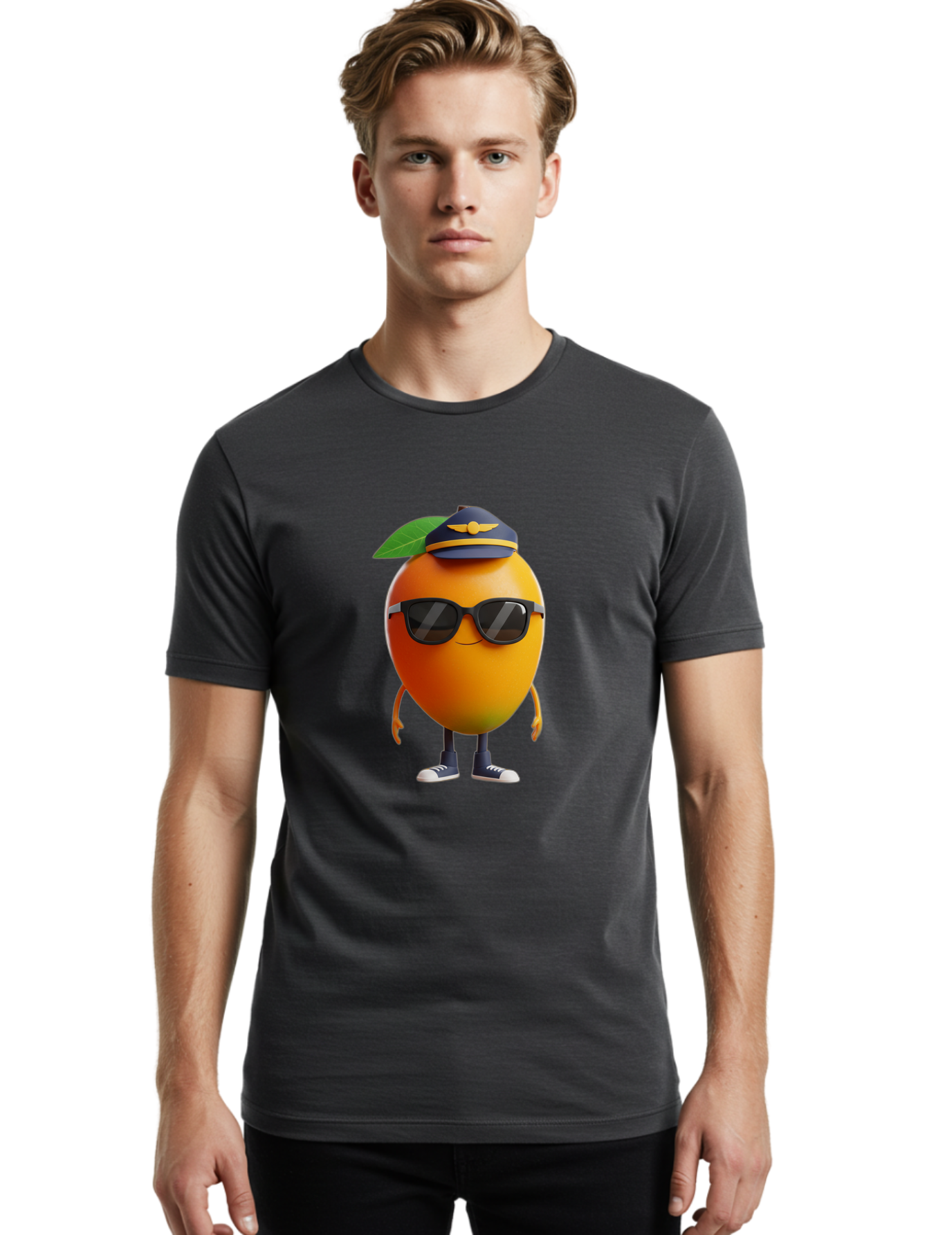Pilot-Orange Men'S Graphic Tee, 100% Cotton, Comfortable Casual Summer Wear, Machine Washable, Cartoon Orange Character, Pilot Hat, Sunglasses, Blue Sneakers, Smiling Face, Citrus Fruit, Fun Illustration, Vibrant Orange, Playful Design, Bac245