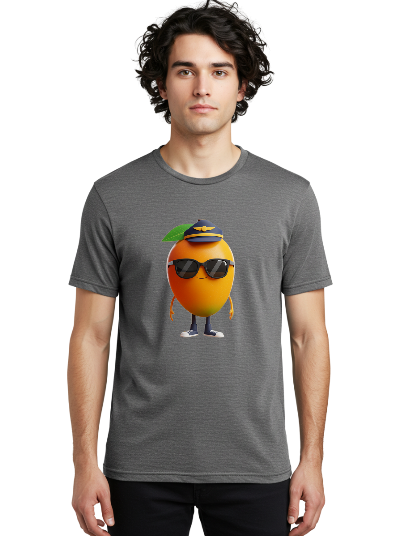 Pilot-Orange Men'S Graphic Tee, 100% Cotton, Comfortable Casual Summer Wear, Machine Washable, Cartoon Orange Character, Pilot Hat, Sunglasses, Blue Sneakers, Smiling Face, Citrus Fruit, Fun Illustration, Vibrant Orange, Playful Design, Bac245