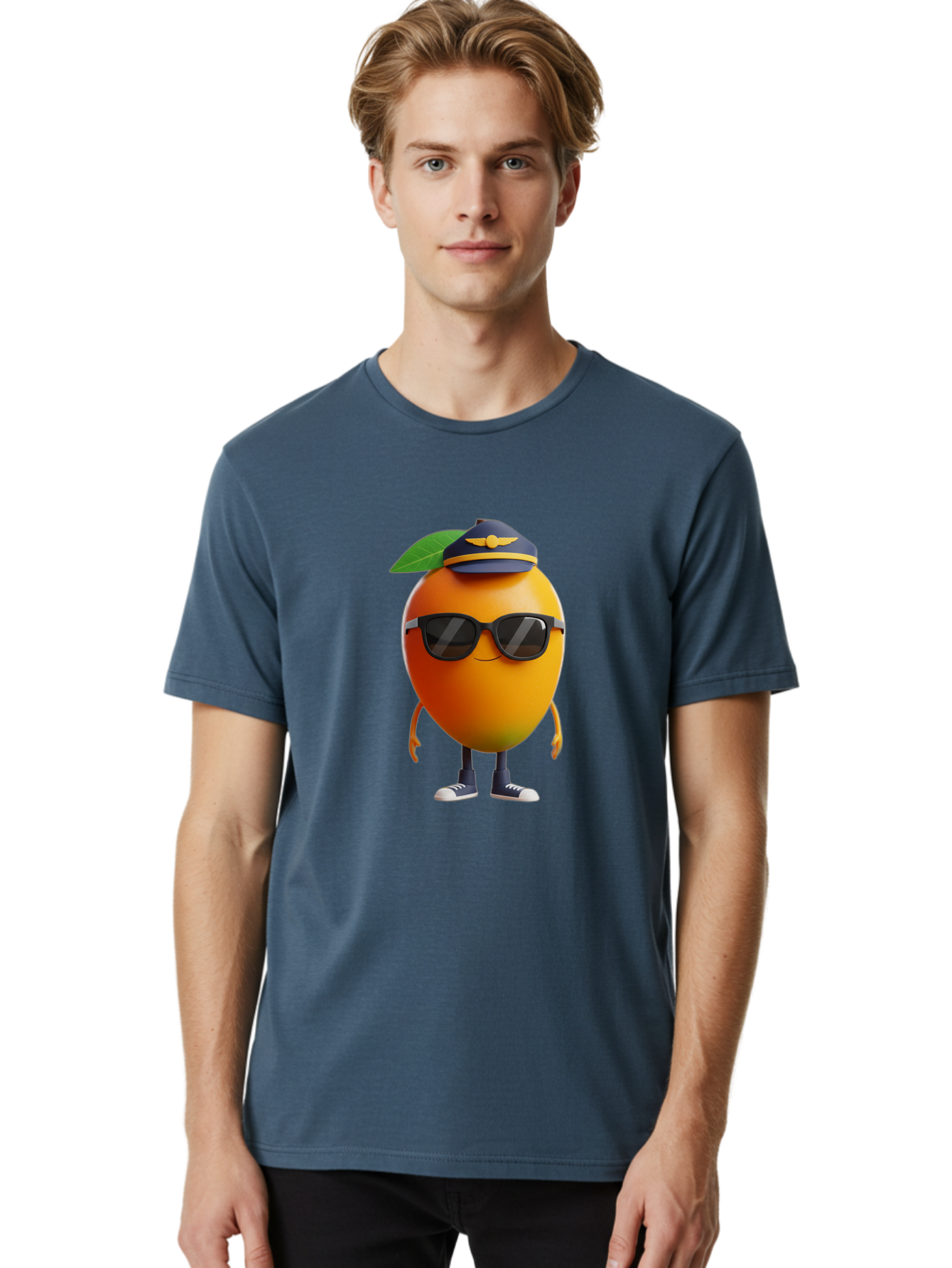 Pilot-Orange Men'S Graphic Tee, 100% Cotton, Comfortable Casual Summer Wear, Machine Washable, Cartoon Orange Character, Pilot Hat, Sunglasses, Blue Sneakers, Smiling Face, Citrus Fruit, Fun Illustration, Vibrant Orange, Playful Design, Bac245