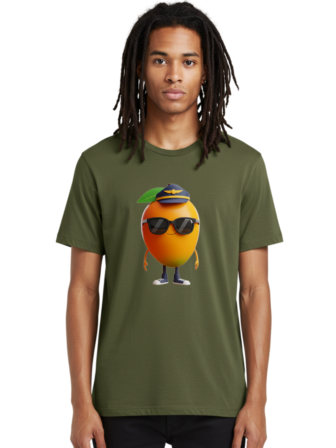 Pilot-Orange Men'S Graphic Tee, 100% Cotton, Comfortable Casual Summer Wear, Machine Washable, Cartoon Orange Character, Pilot Hat, Sunglasses, Blue Sneakers, Smiling Face, Citrus Fruit, Fun Illustration, Vibrant Orange, Playful Design, Bac245
