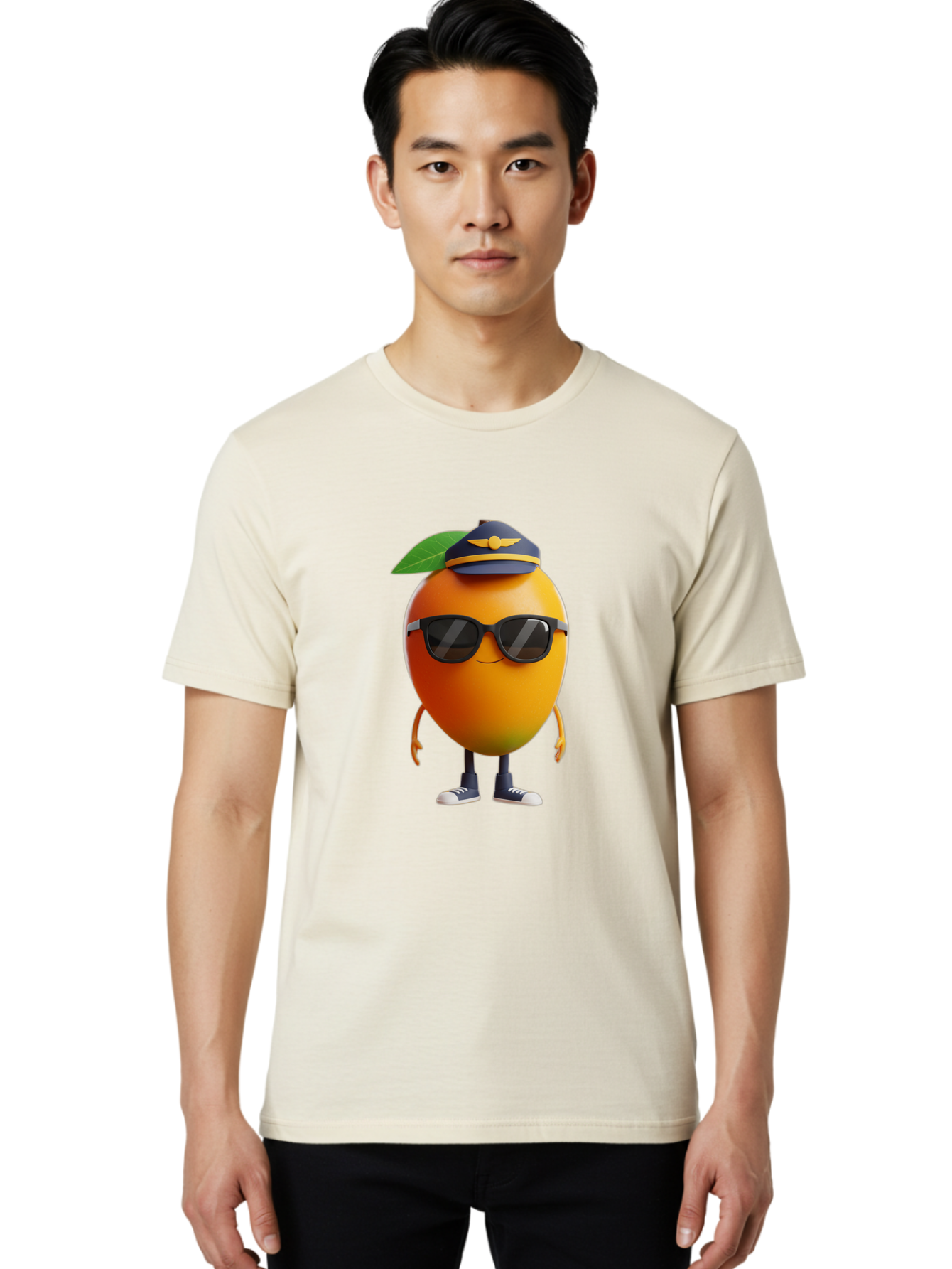 Pilot-Orange Men'S Graphic Tee, 100% Cotton, Comfortable Casual Summer Wear, Machine Washable, Cartoon Orange Character, Pilot Hat, Sunglasses, Blue Sneakers, Smiling Face, Citrus Fruit, Fun Illustration, Vibrant Orange, Playful Design, Bac245