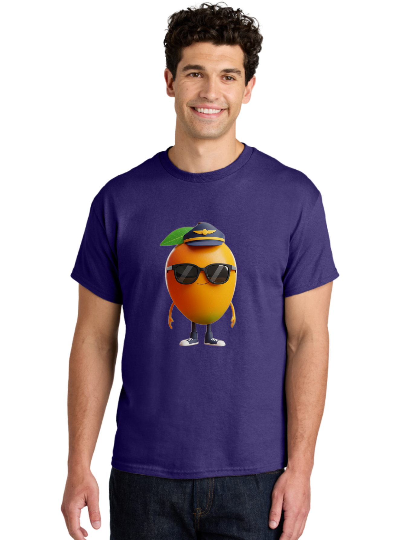 Pilot-Orange Men'S Graphic Tee, 100% Cotton, Comfortable Casual Summer Wear, Machine Washable, Cartoon Orange Character, Pilot Hat, Sunglasses, Blue Sneakers, Smiling Face, Citrus Fruit, Fun Illustration, Vibrant Orange, Playful Design, Bac245