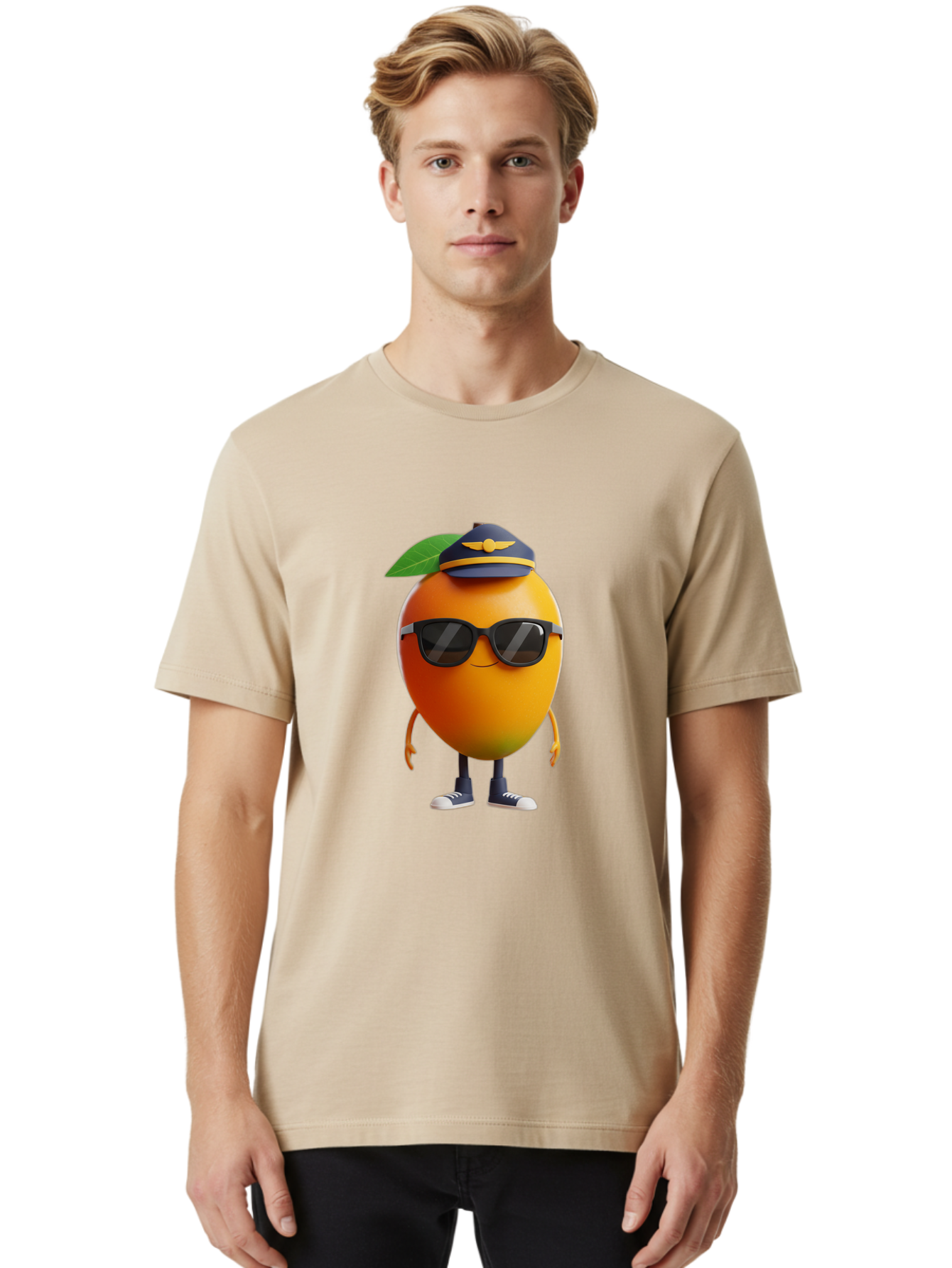Pilot-Orange Men'S Graphic Tee, 100% Cotton, Comfortable Casual Summer Wear, Machine Washable, Cartoon Orange Character, Pilot Hat, Sunglasses, Blue Sneakers, Smiling Face, Citrus Fruit, Fun Illustration, Vibrant Orange, Playful Design, Bac245