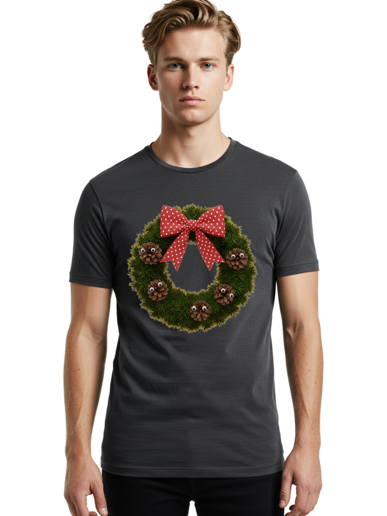 Pinecone-Wreath Men'S Graphic Tee, 100% Cotton, Comfortable Casual Summer Wear, Machine Washable, Christmas Wreath With Pinecones, Red Bow, White Polka Dots, Holiday Decoration, Festive Decor, Christmas Tree Branches, Bac246
