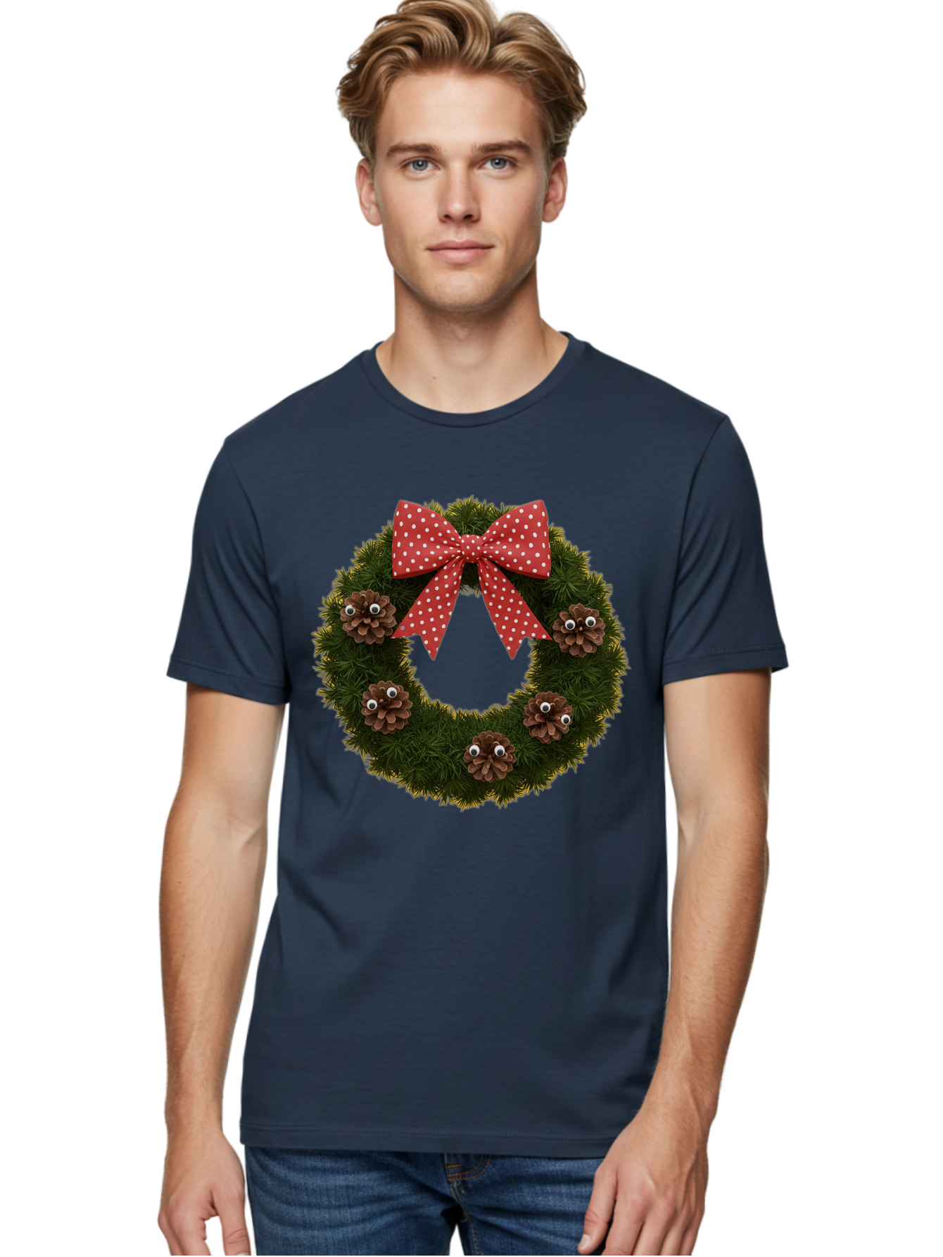 Pinecone-Wreath Men'S Graphic Tee, 100% Cotton, Comfortable Casual Summer Wear, Machine Washable, Christmas Wreath With Pinecones, Red Bow, White Polka Dots, Holiday Decoration, Festive Decor, Christmas Tree Branches, Bac246