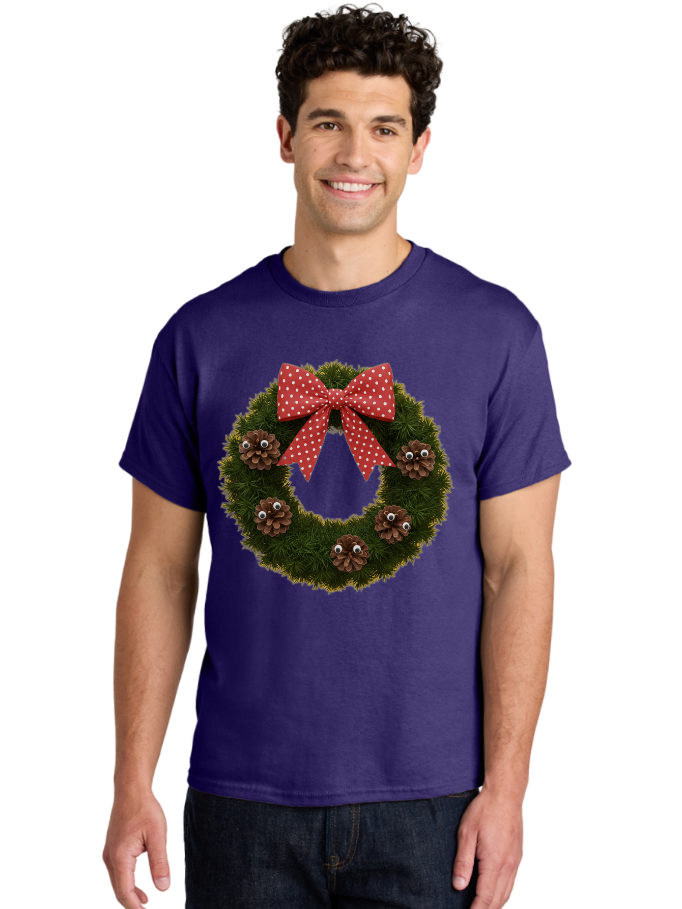 Pinecone-Wreath Men'S Graphic Tee, 100% Cotton, Comfortable Casual Summer Wear, Machine Washable, Christmas Wreath With Pinecones, Red Bow, White Polka Dots, Holiday Decoration, Festive Decor, Christmas Tree Branches, Bac246