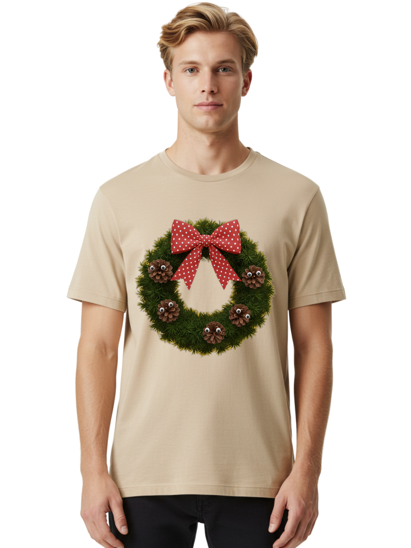 Pinecone-Wreath Men'S Graphic Tee, 100% Cotton, Comfortable Casual Summer Wear, Machine Washable, Christmas Wreath With Pinecones, Red Bow, White Polka Dots, Holiday Decoration, Festive Decor, Christmas Tree Branches, Bac246