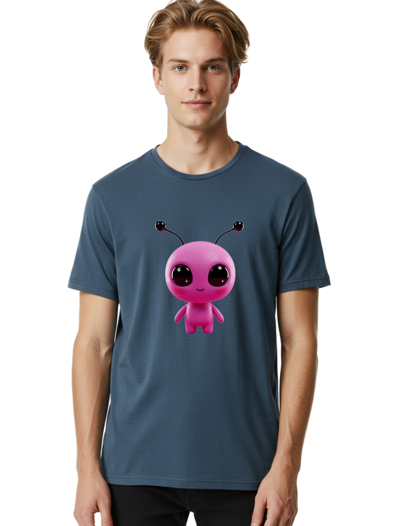 Pink-Alien Men'S Graphic Tee, 100% Cotton, Comfortable Casual Summer Wear, Machine Washable, Pink Alien Character, Cartoon Alien, Alien Figure, Cute Extraterrestrial, Adorable Cartoon Character, 3D Render, Shiny Eyes, Smiling Face, Bac247