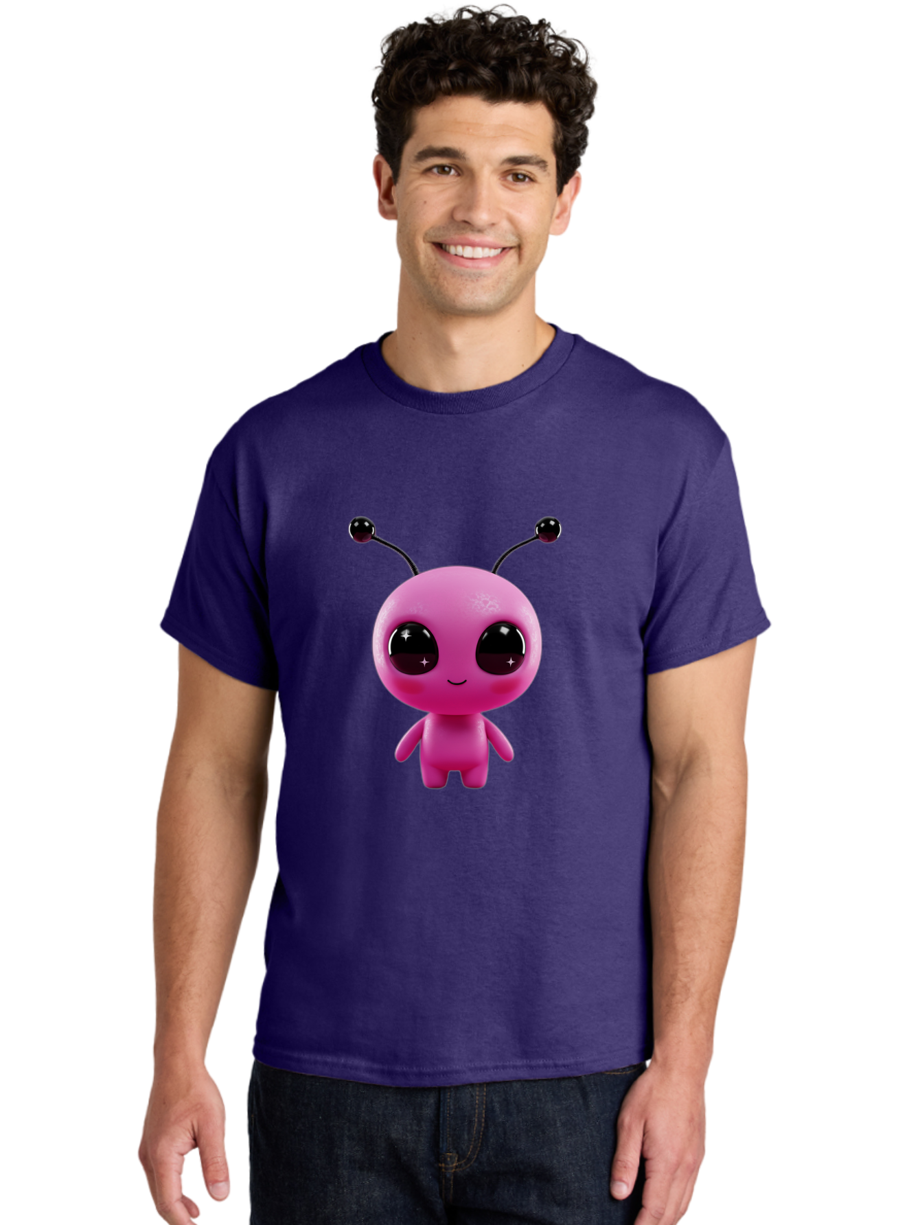 Pink-Alien Men'S Graphic Tee, 100% Cotton, Comfortable Casual Summer Wear, Machine Washable, Pink Alien Character, Cartoon Alien, Alien Figure, Cute Extraterrestrial, Adorable Cartoon Character, 3D Render, Shiny Eyes, Smiling Face, Bac247