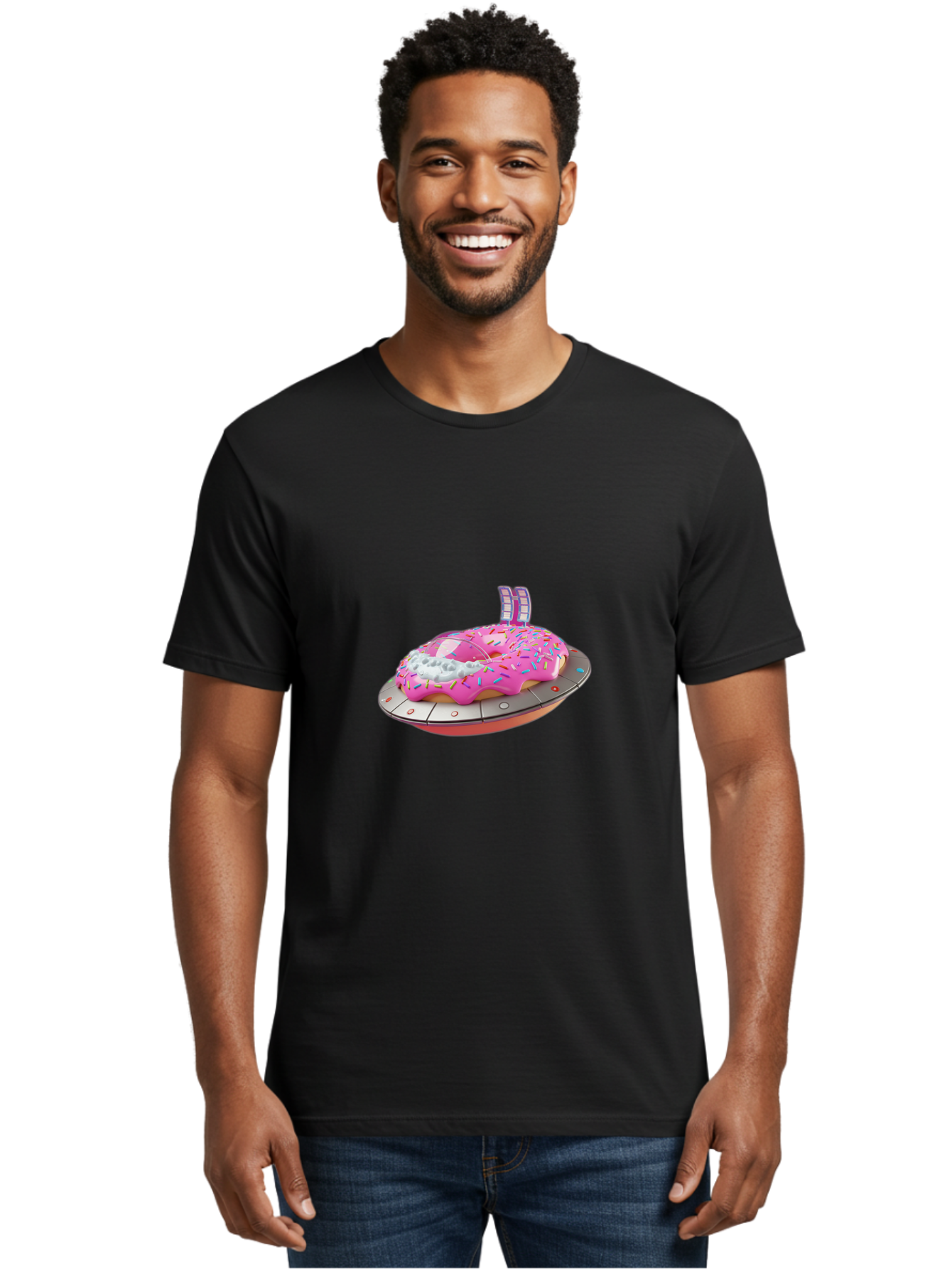 Pink-Donut-Ufo Men'S Graphic Tee, 100% Cotton, Comfortable Casual Summer Wear, Machine Washable, Donut On A Ufo, Pink Frosted Donut, Sprinkles, Digital Art, Futuristic Design, Sweet Treats, Dessert Art, Colorful Graphics, 3D Modeling, Bac249